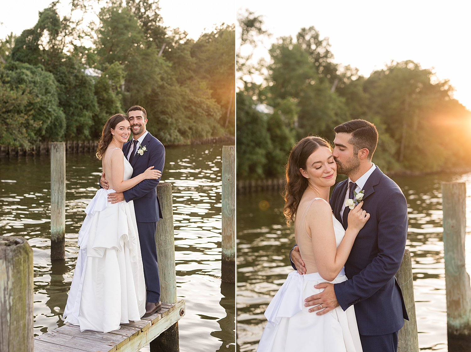 bride and groom on pier at sunset