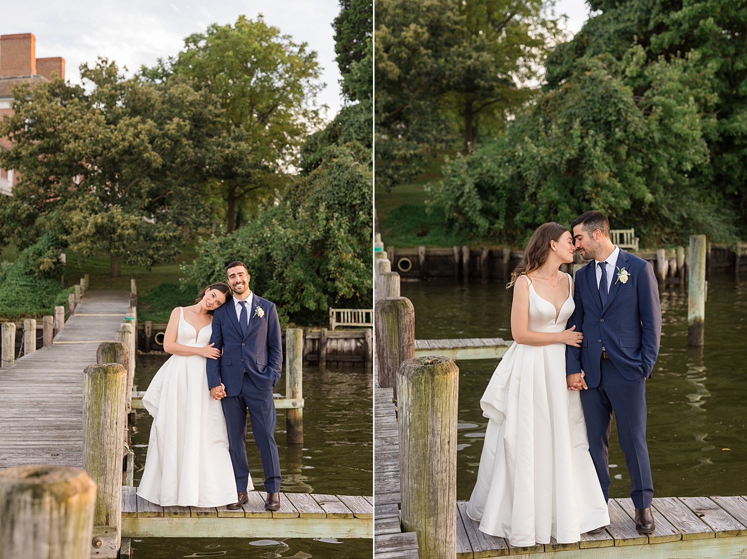 bride and groom on pier at sunset