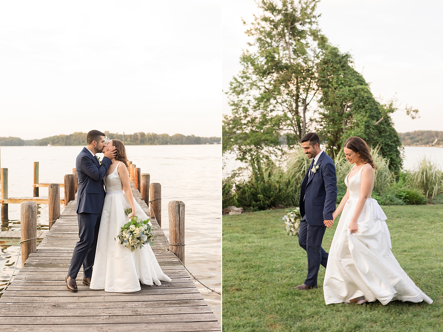 bride and groom on pier at sunset