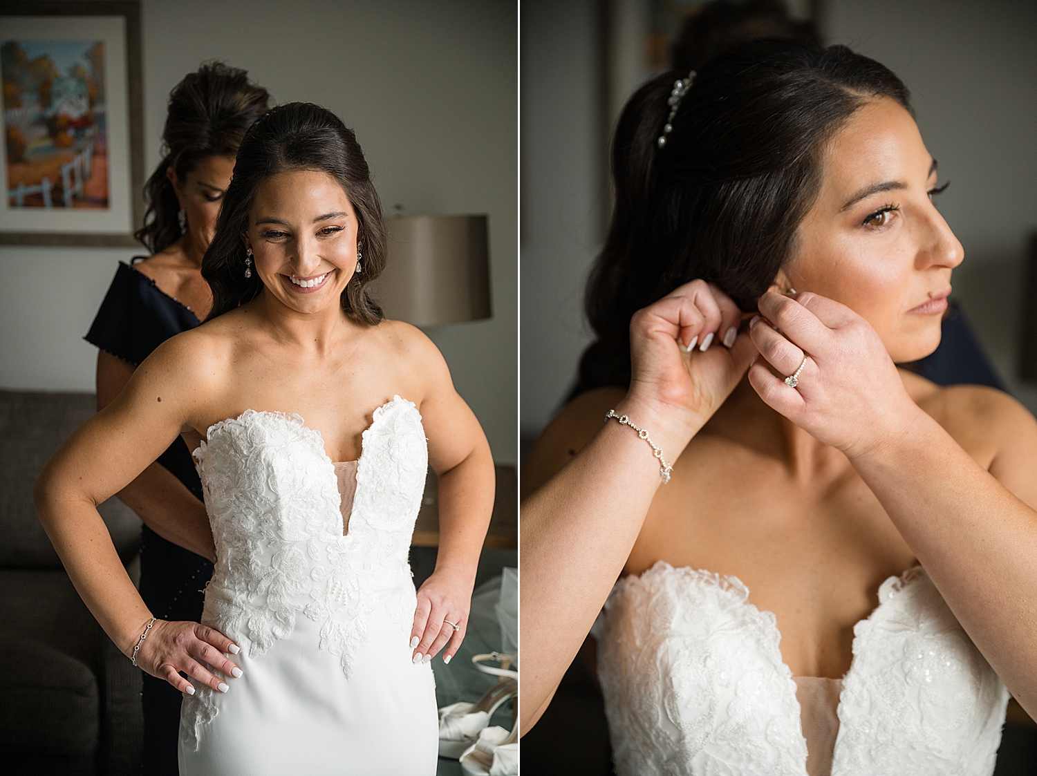 bride getting dressed with mom earrings