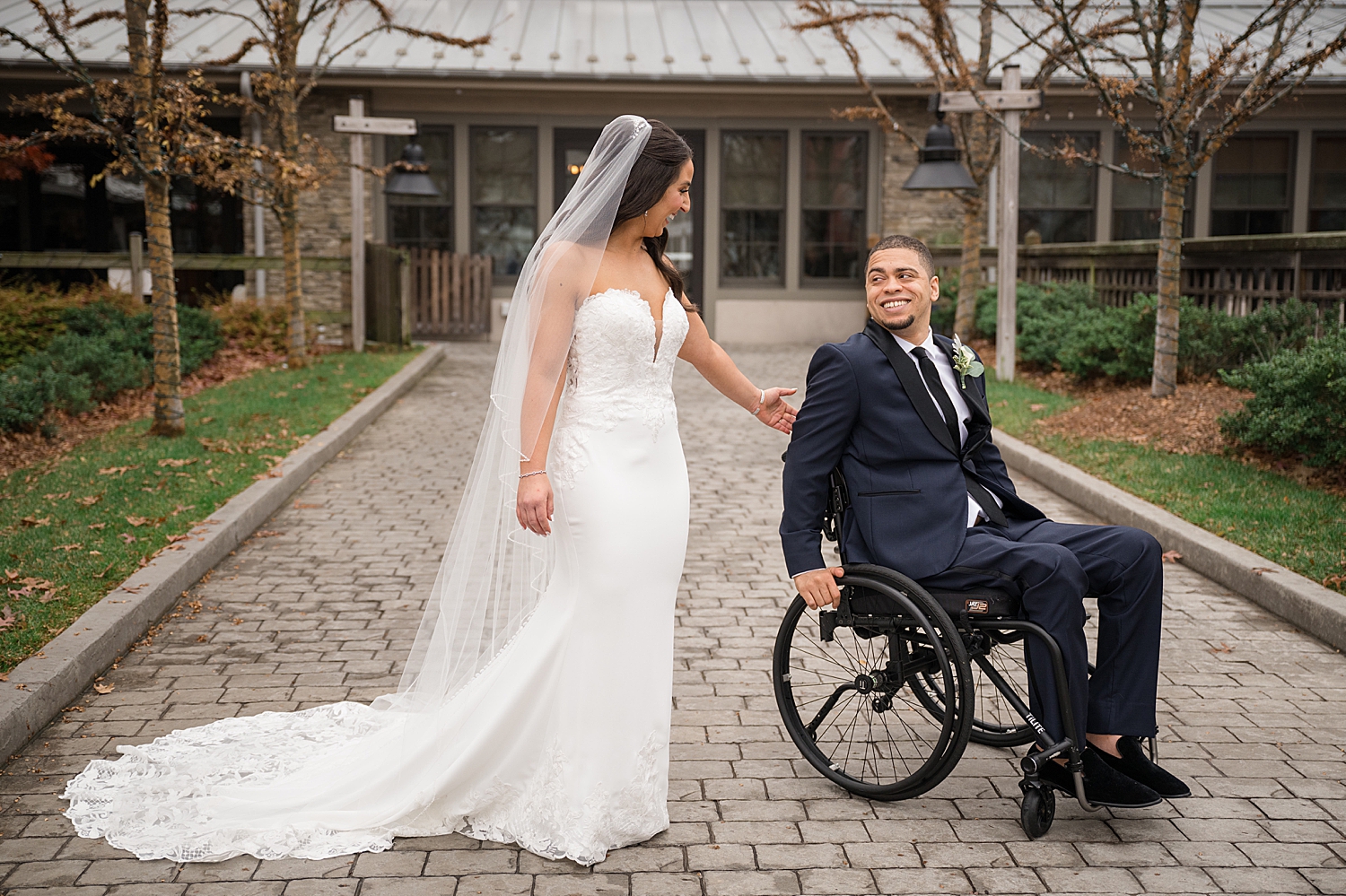 bride and groom first look courtyard