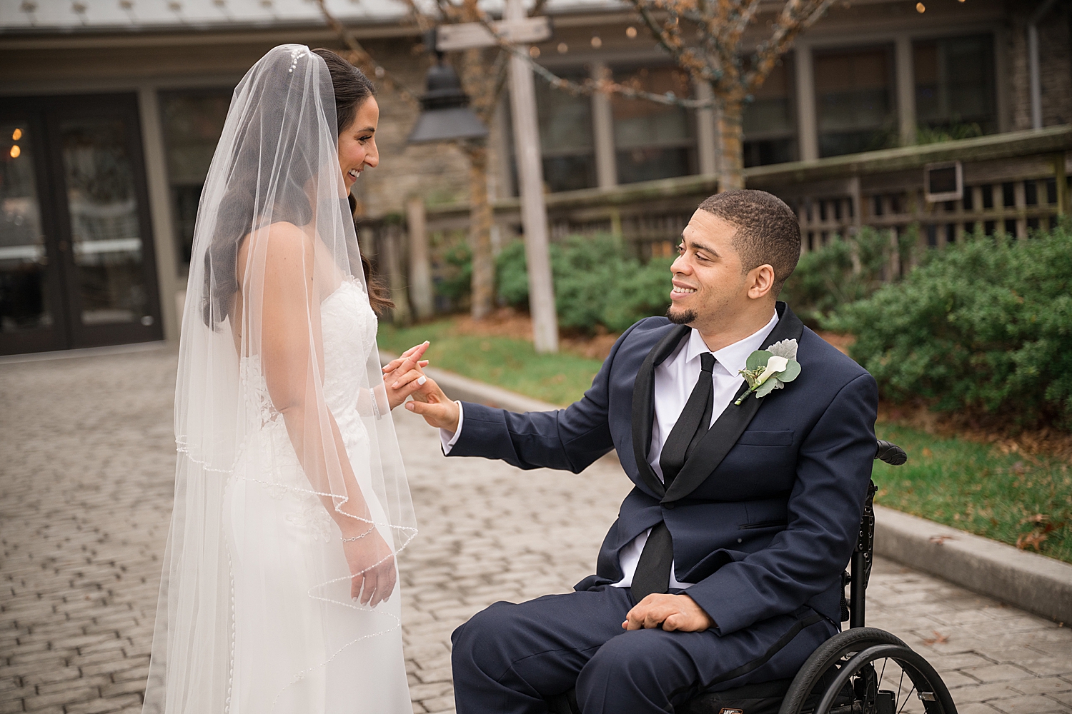 bride and groom first look courtyard