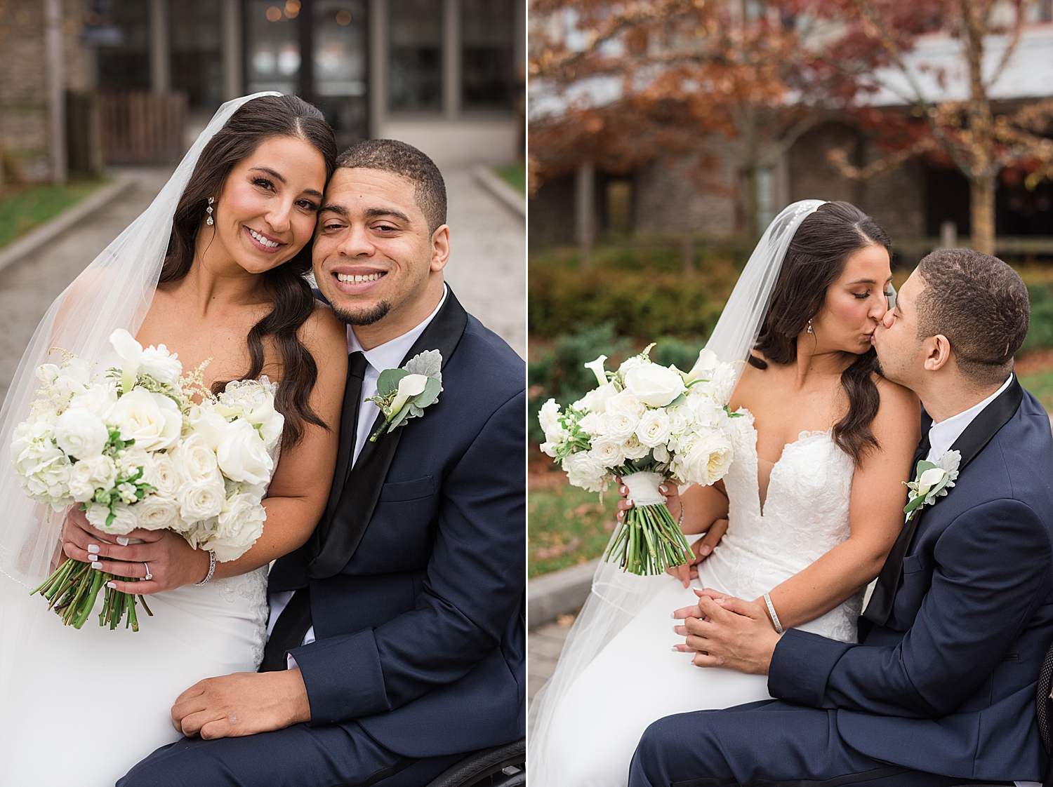 bride and groom portrait wheelchair sit kiss