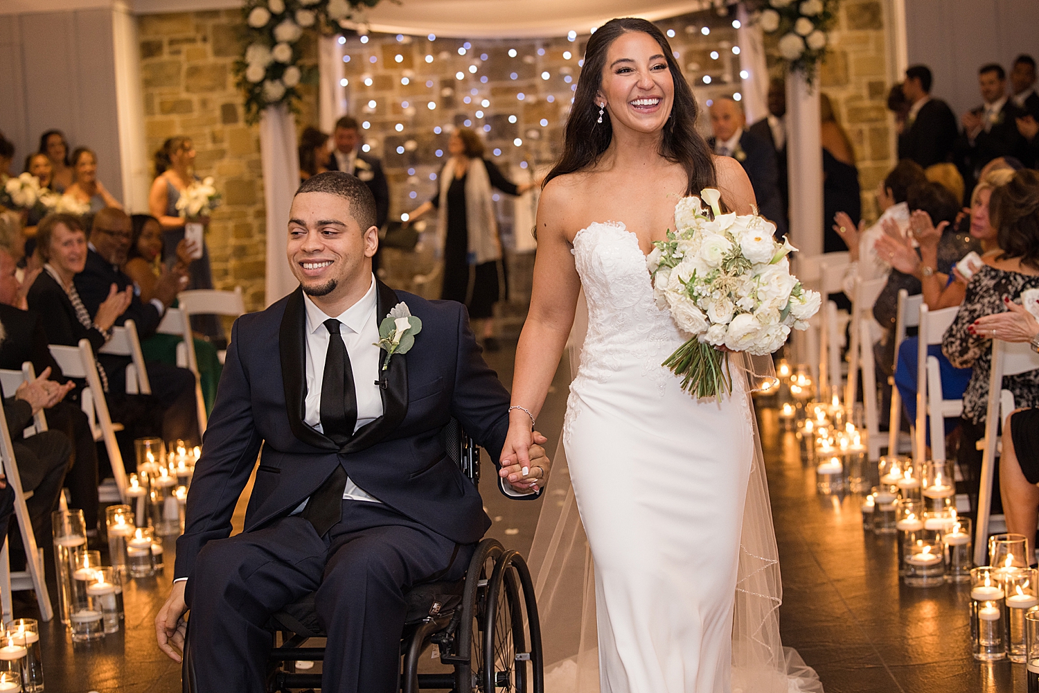 bride and groom recess cheering happy