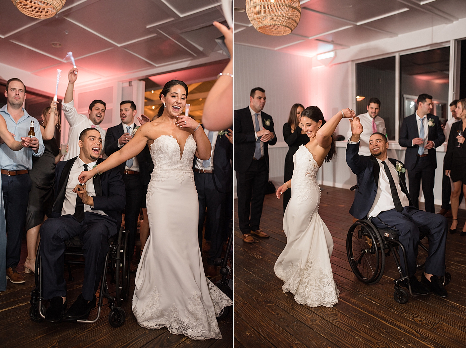 bride and groom dancing during reception spin