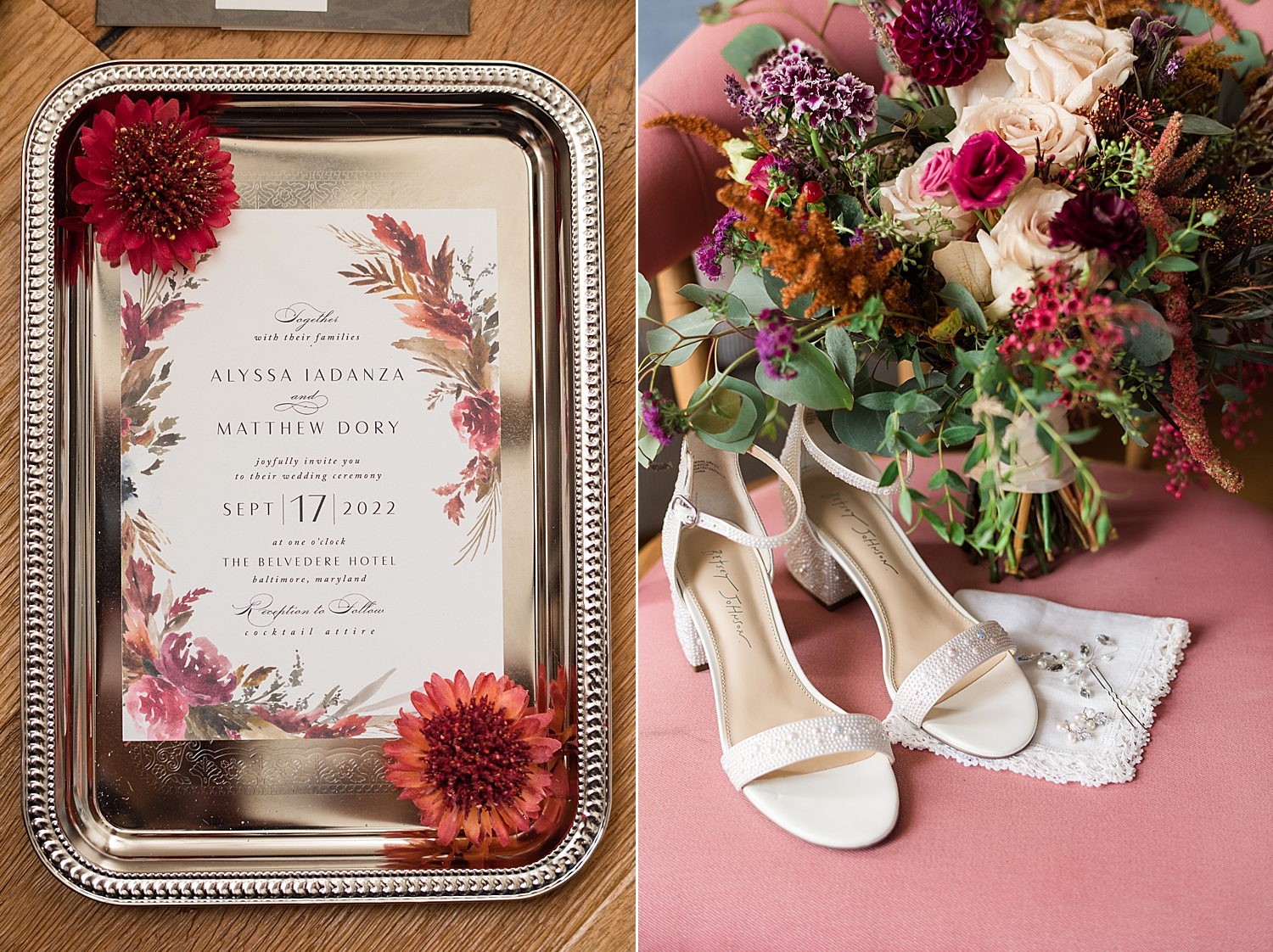 flat lay wedding details invitation suite red accents bouquet shoes