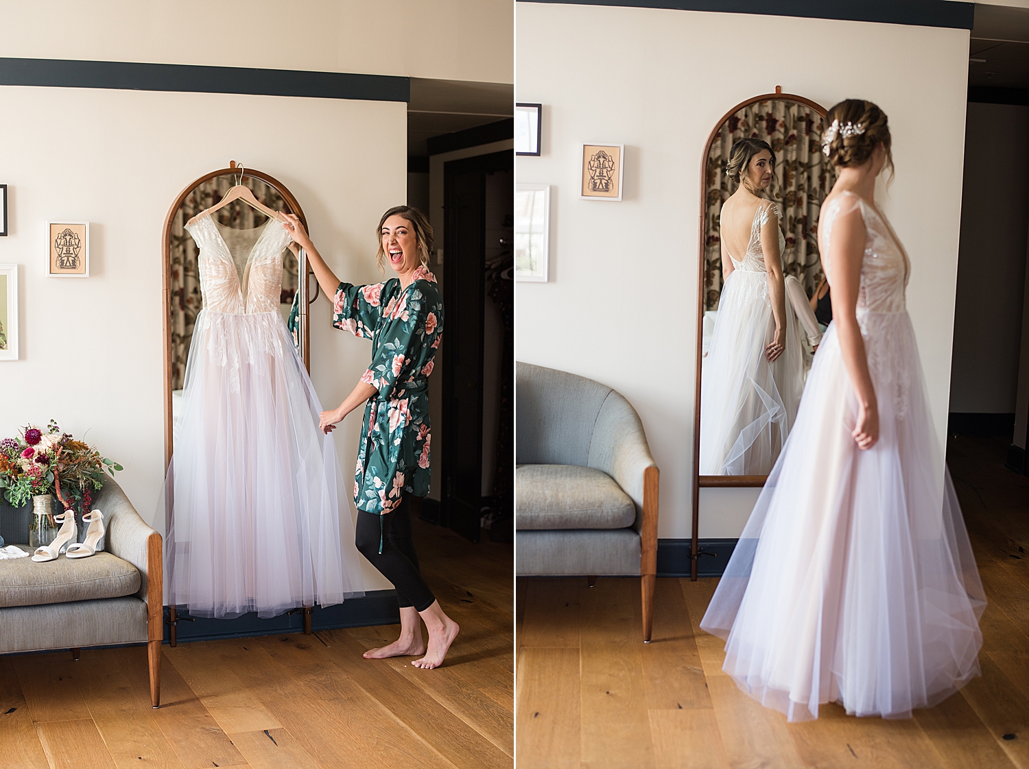 bride admiring wedding gown