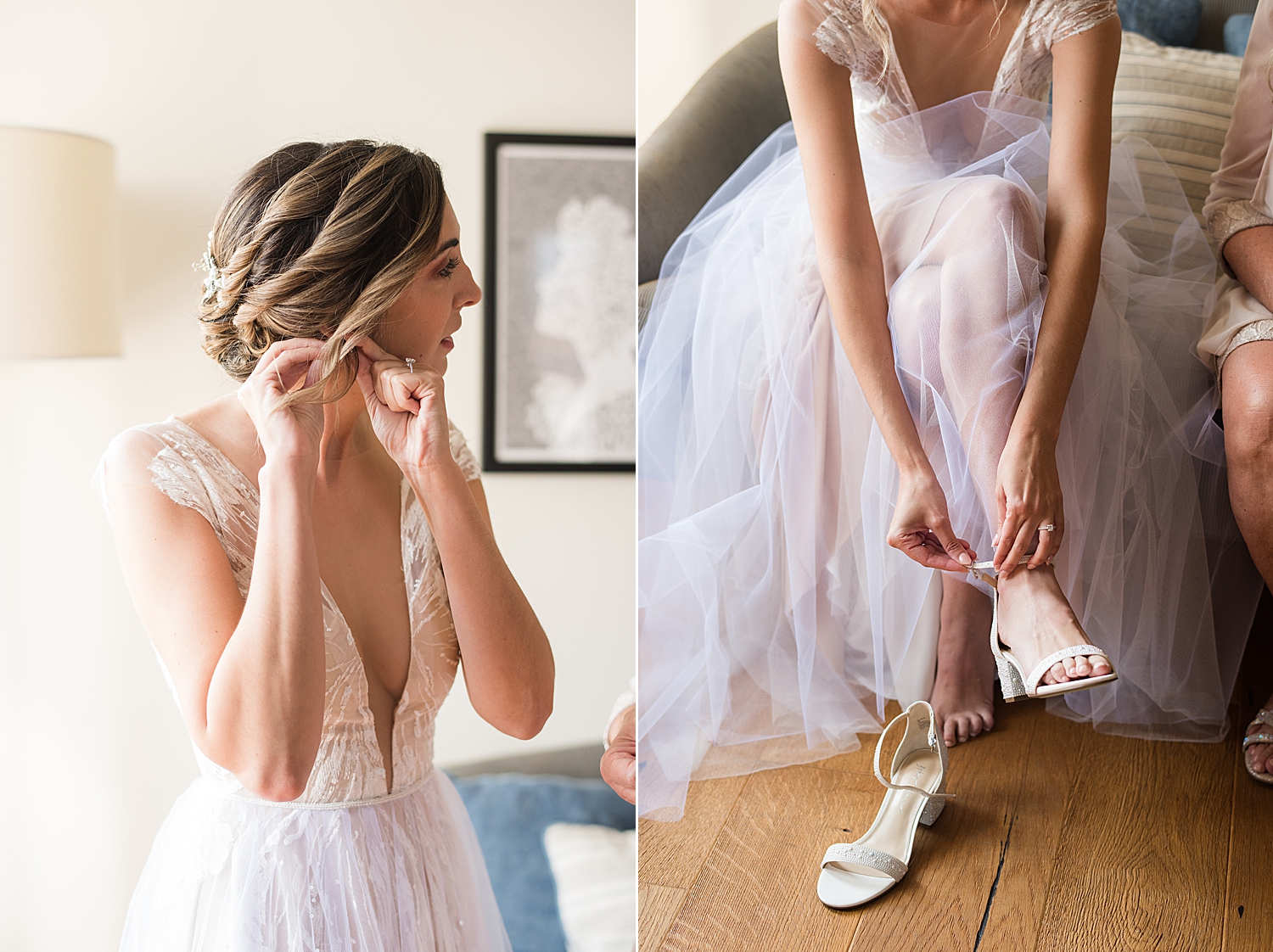 bride putting on earrings and shoes