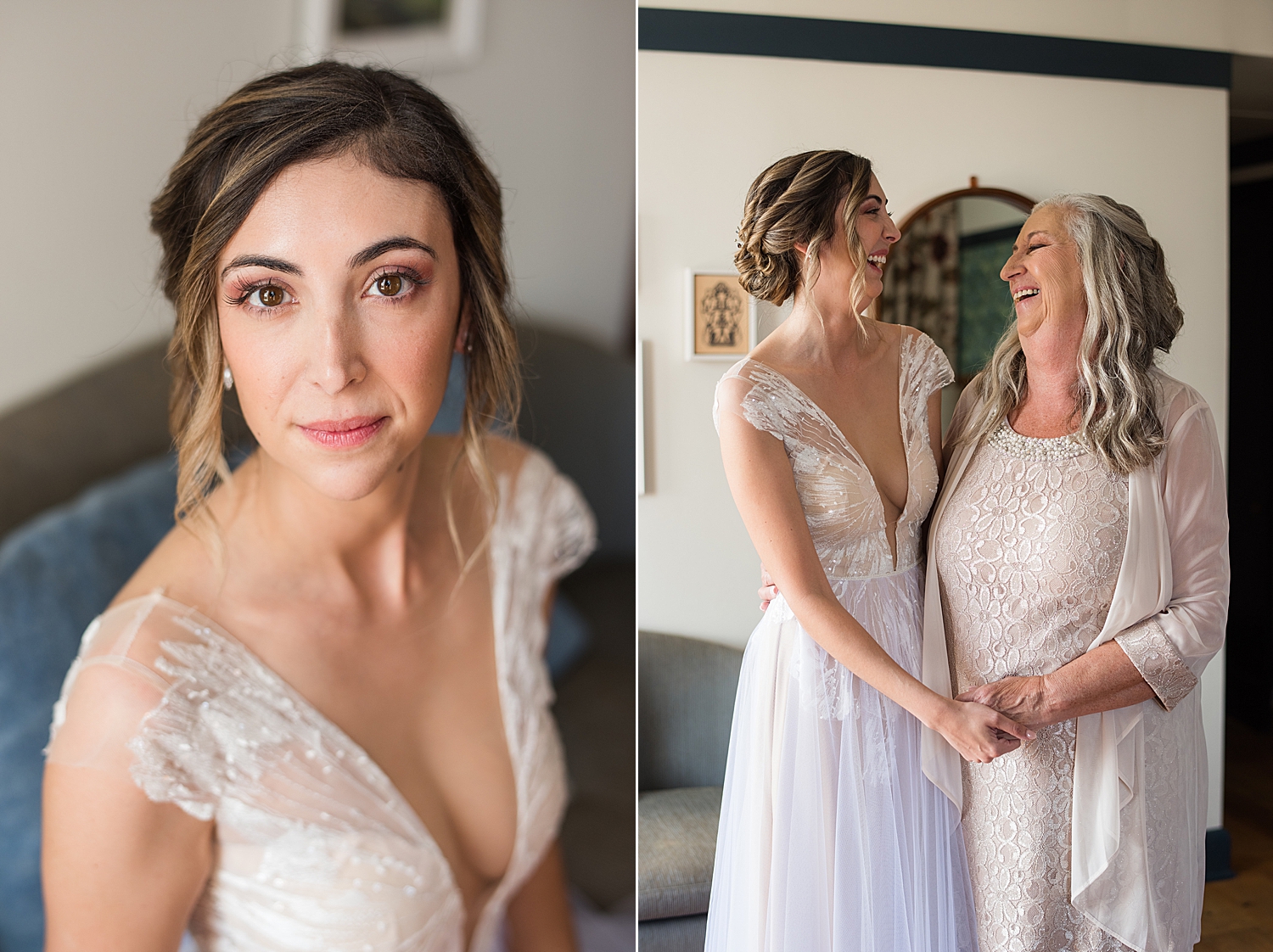 bride and mom laugh