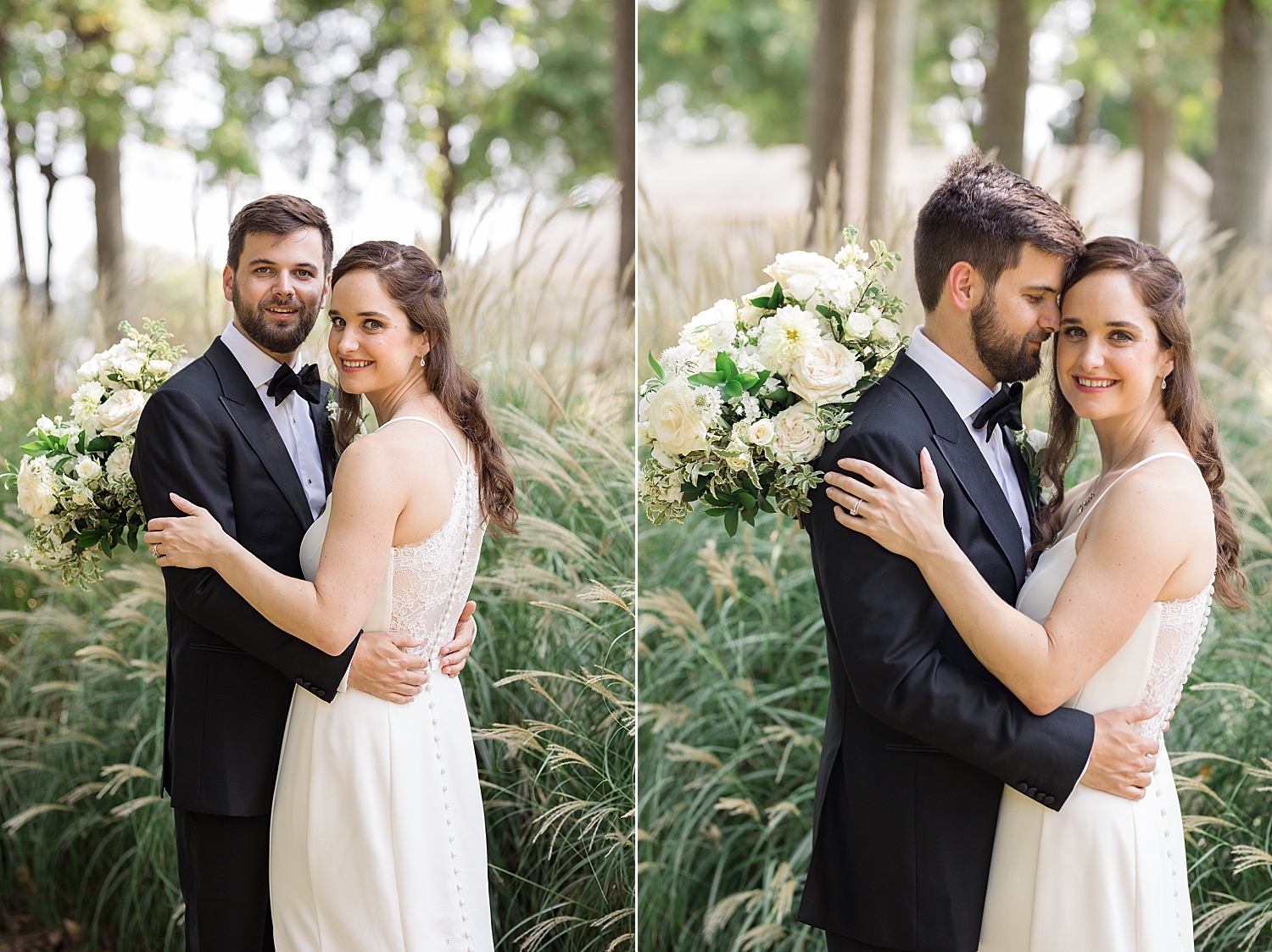 bride and groom portrait green field