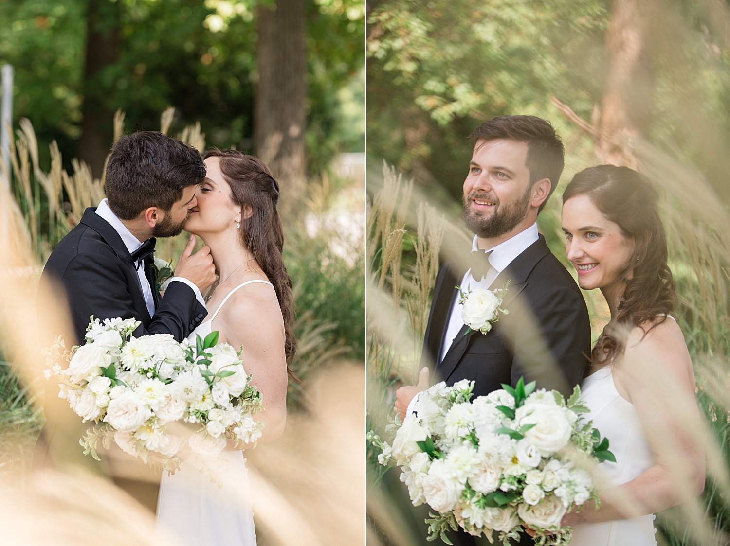 bride and groom kiss reeds