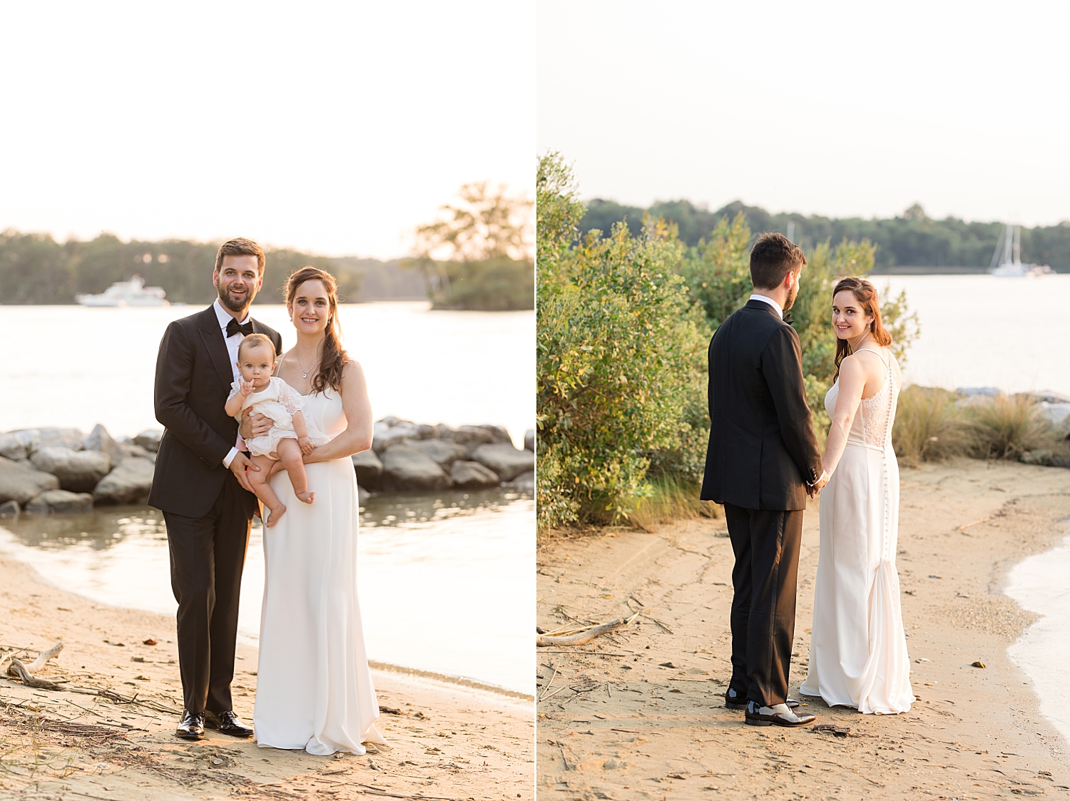 bride and groom with baby on the beach at sunset