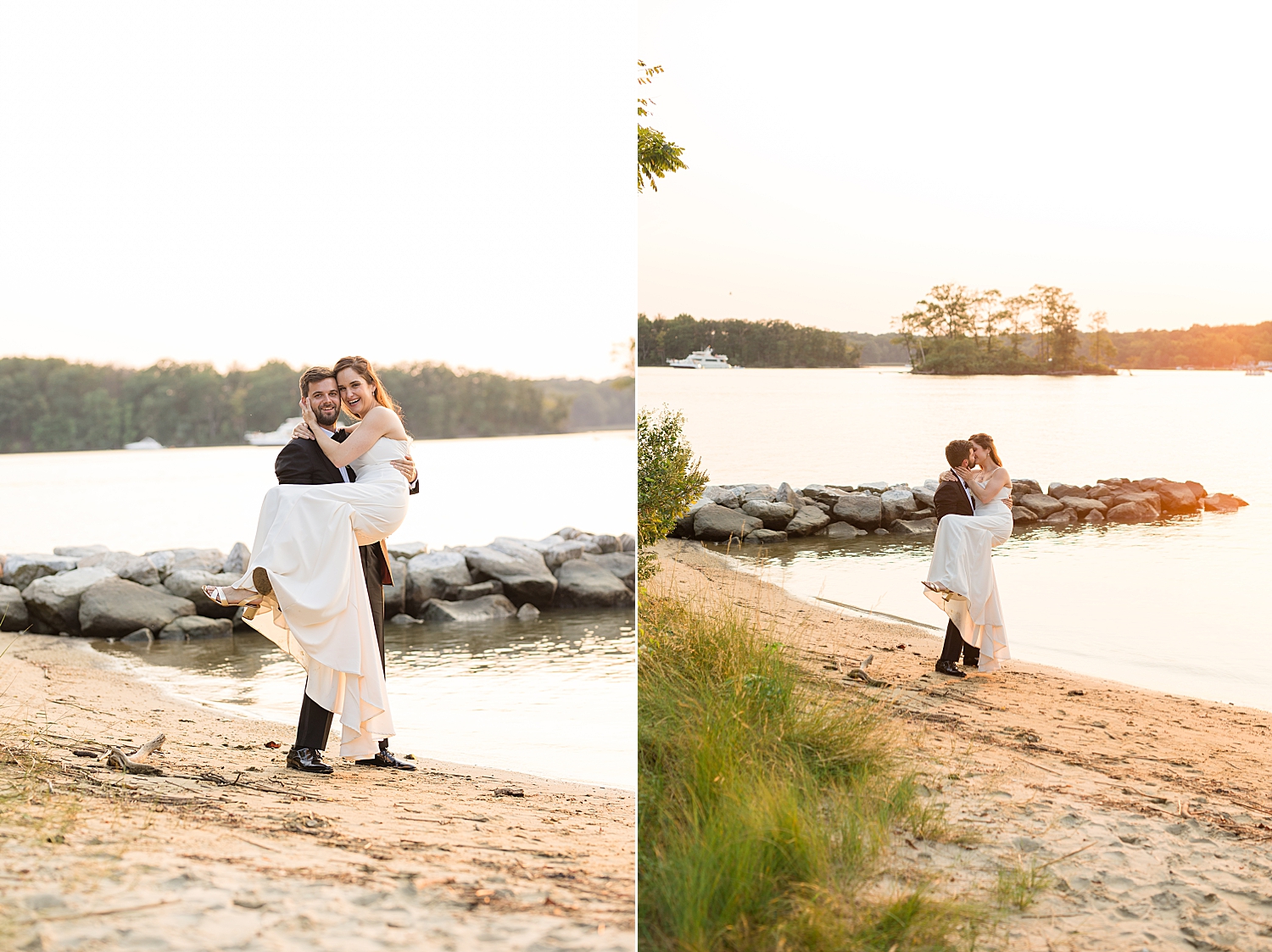 bride and groom portrait on beach sunset