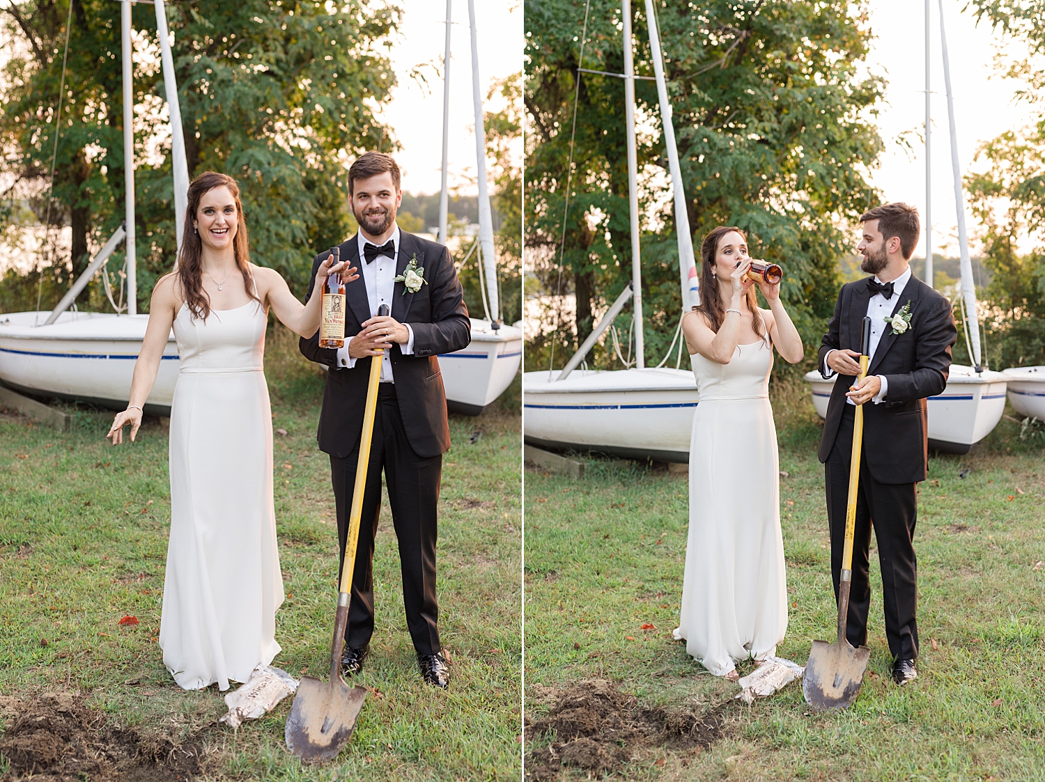 bride and groom dig up whiskey