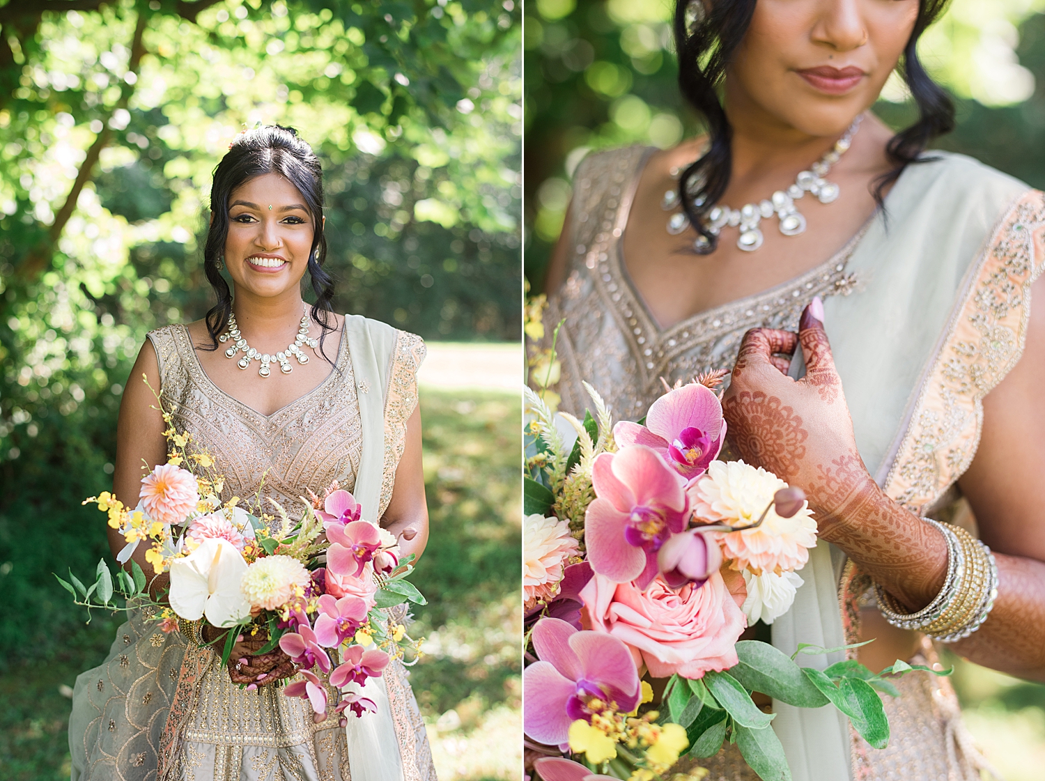 bridal portrait lehenga pink florals jewelry