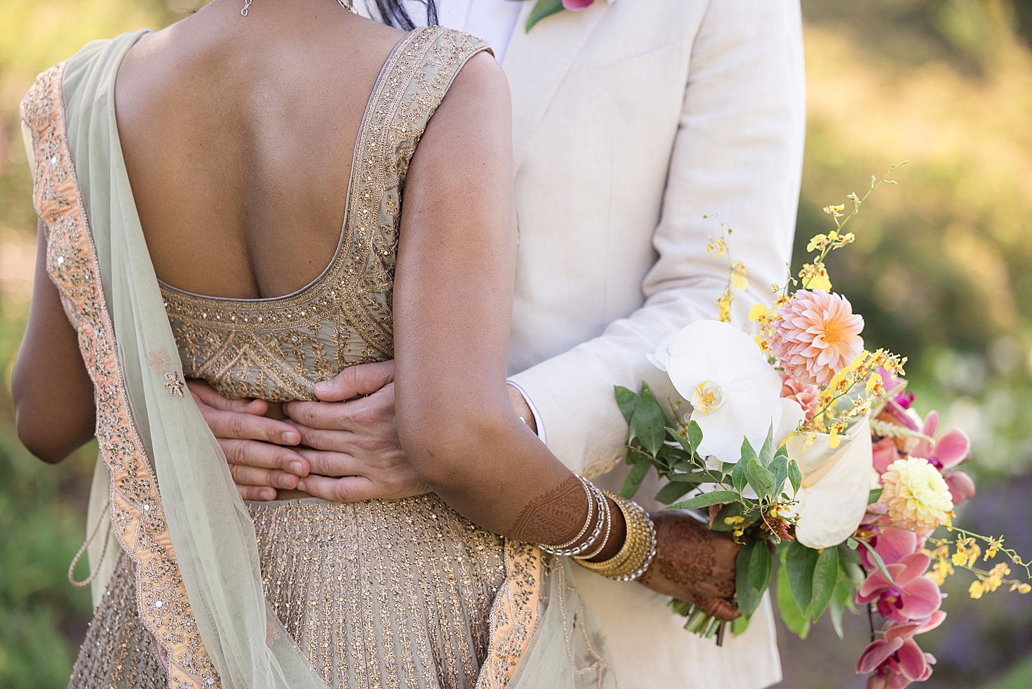 close shot bride and groom embracing