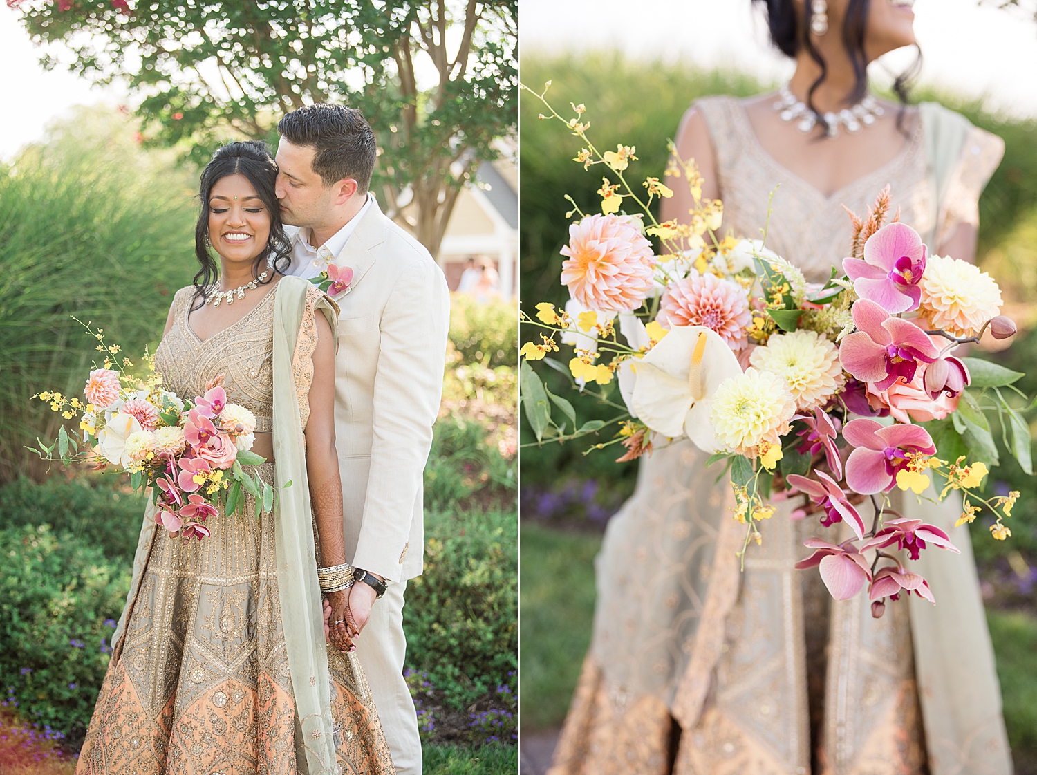 bride and groom lehenga florals