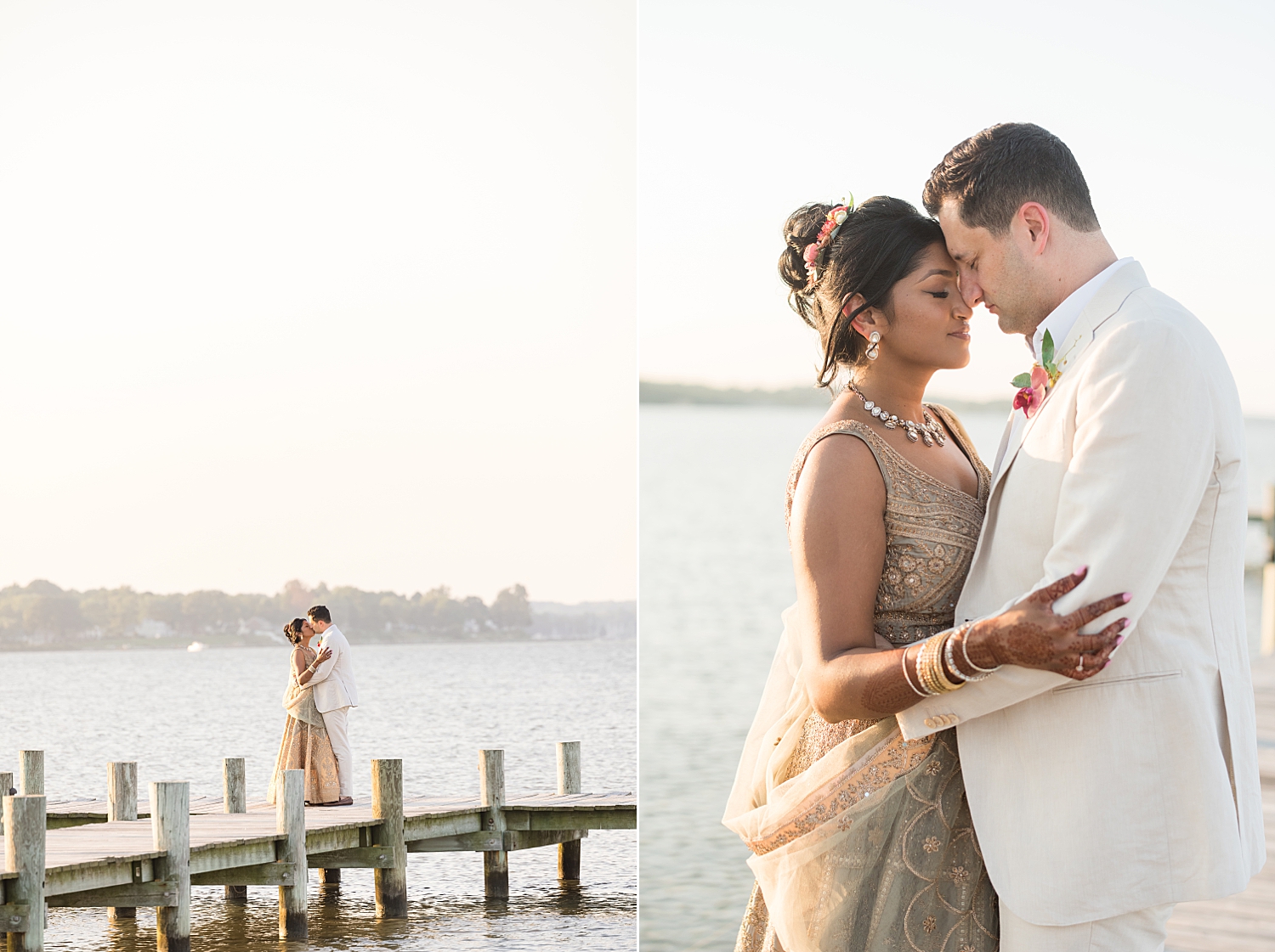 bride and groom on pier