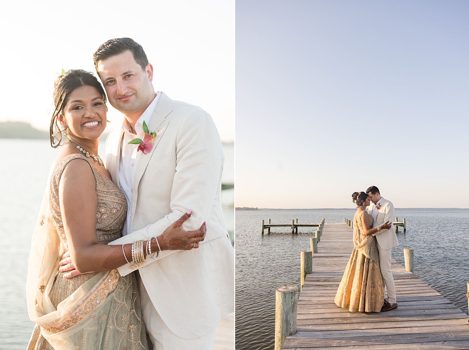 bride and groom portrait on pier