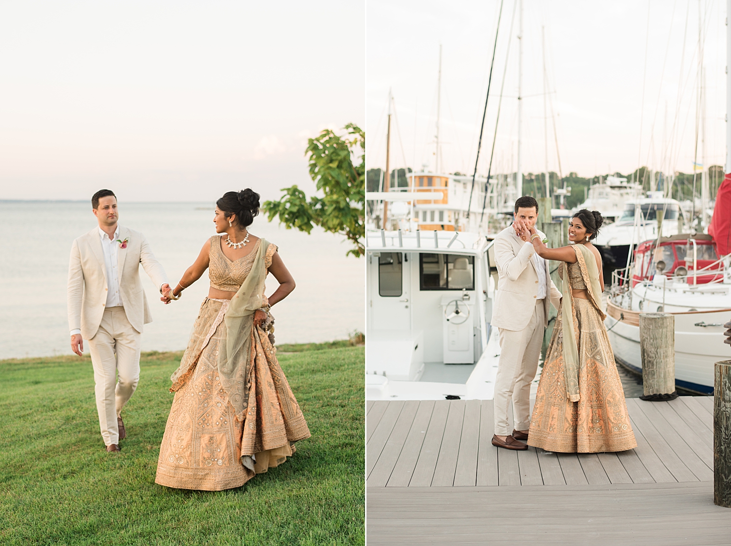 bride and groom portrait walking across polynesian lawn