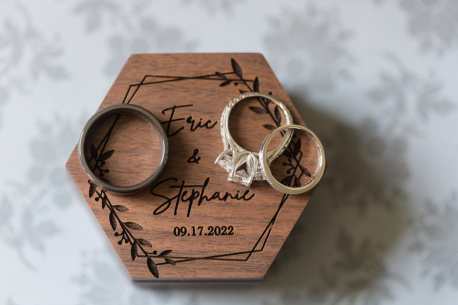 wedding rings on custom ring box