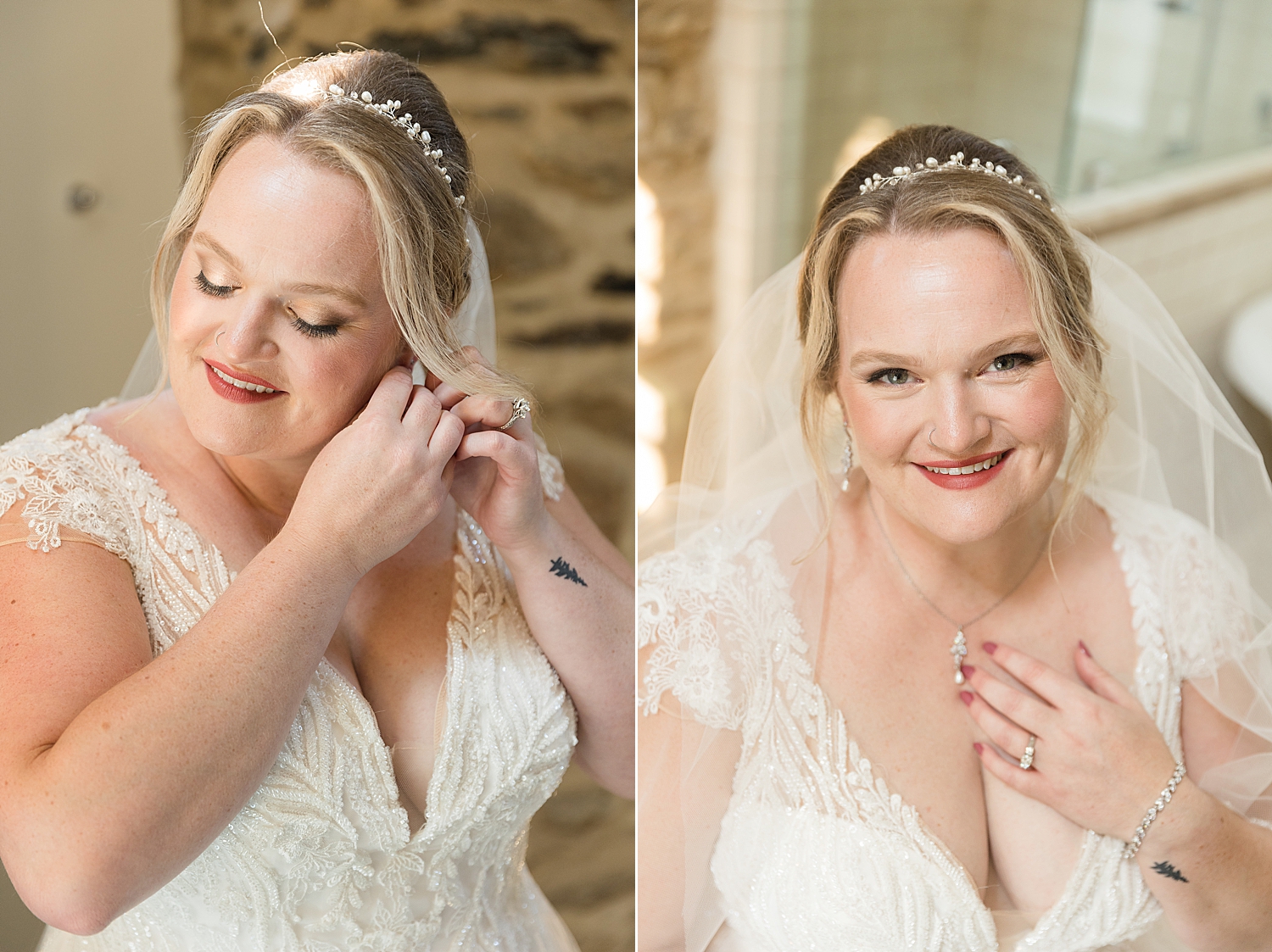 bride putting earrings in