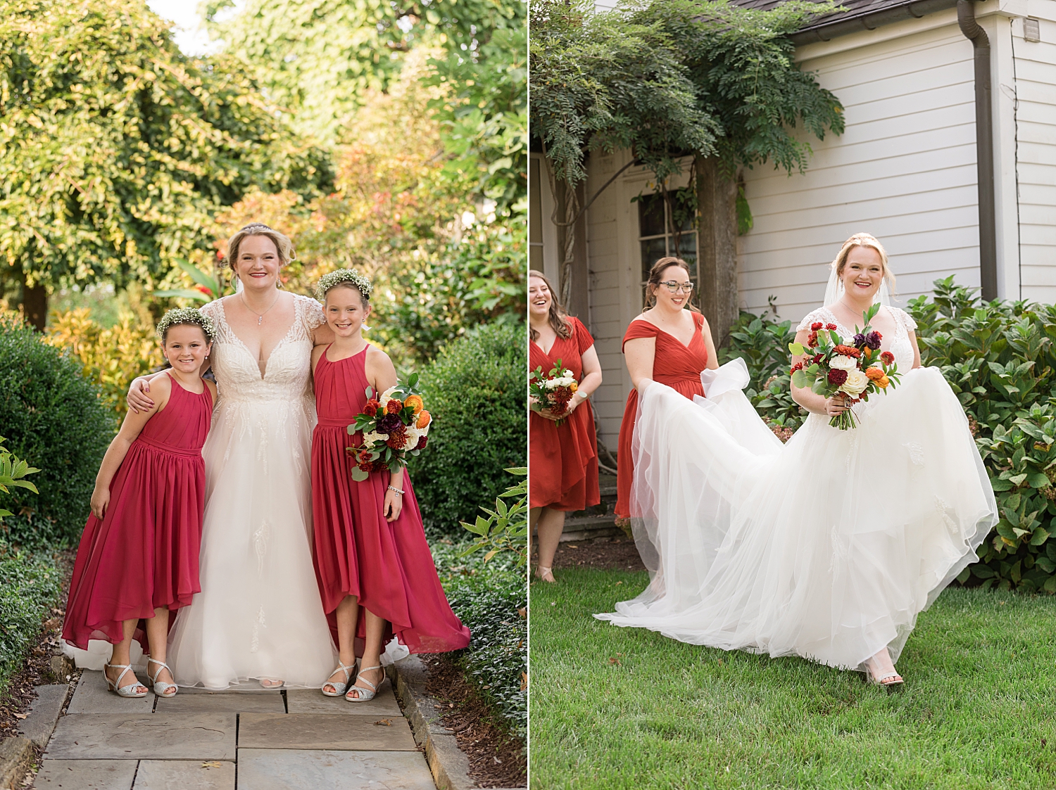 bride with flower girls walking