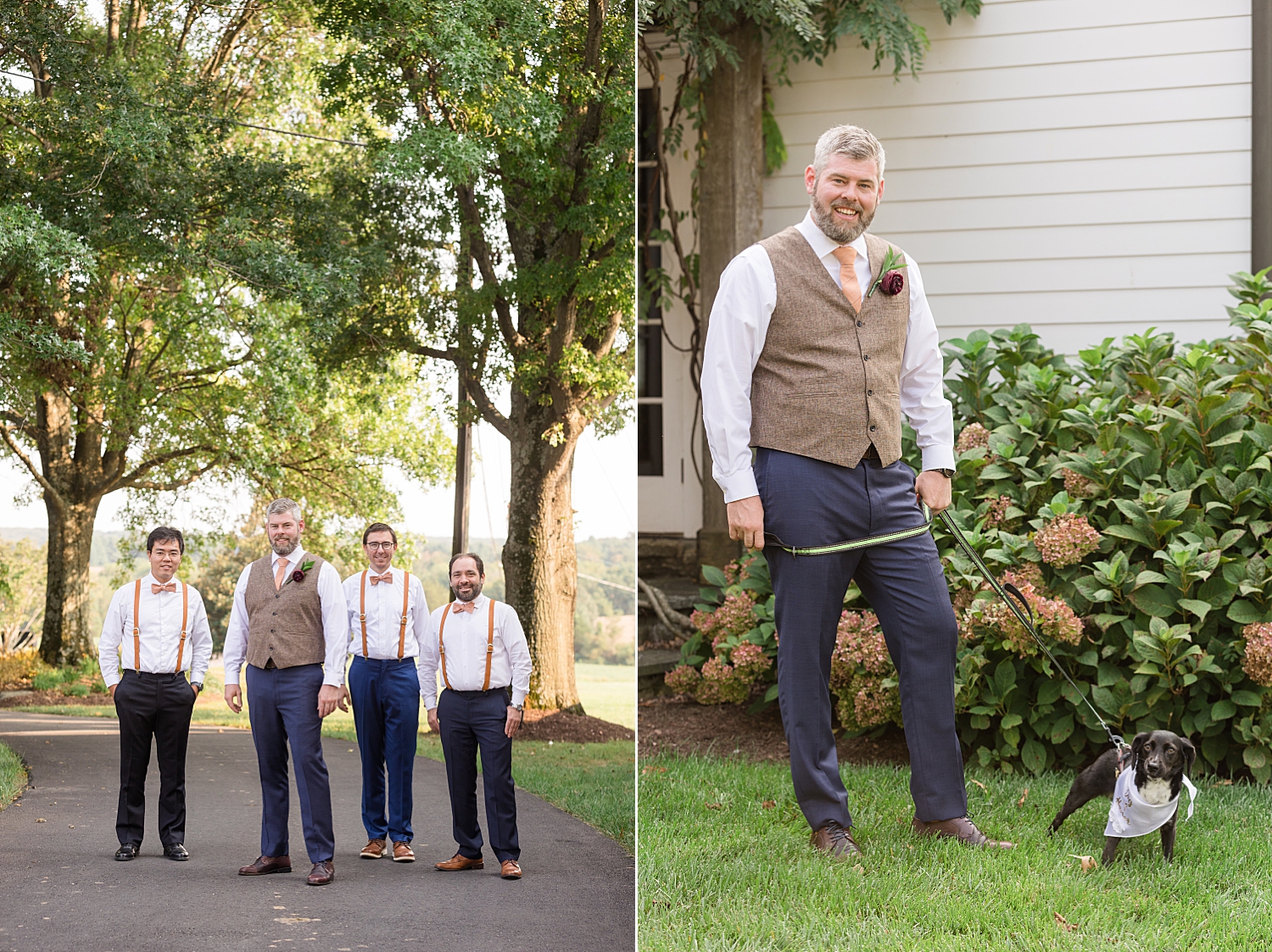 groom and groomsmen walking dog