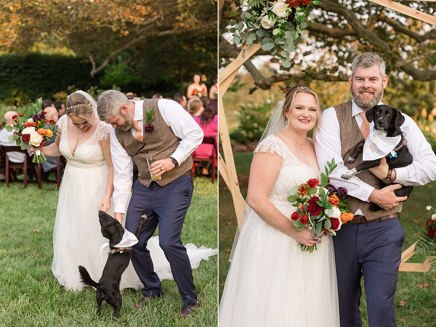 bride and groom with black dog