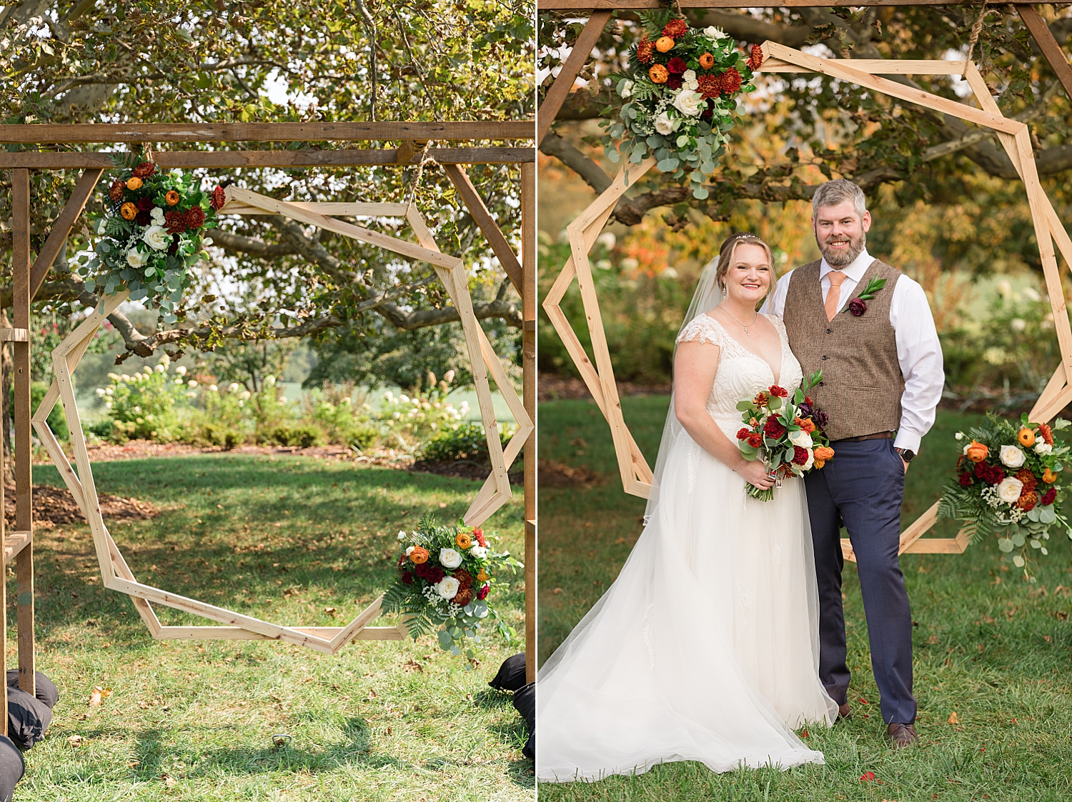 bride and groom ceremony arbor with florals