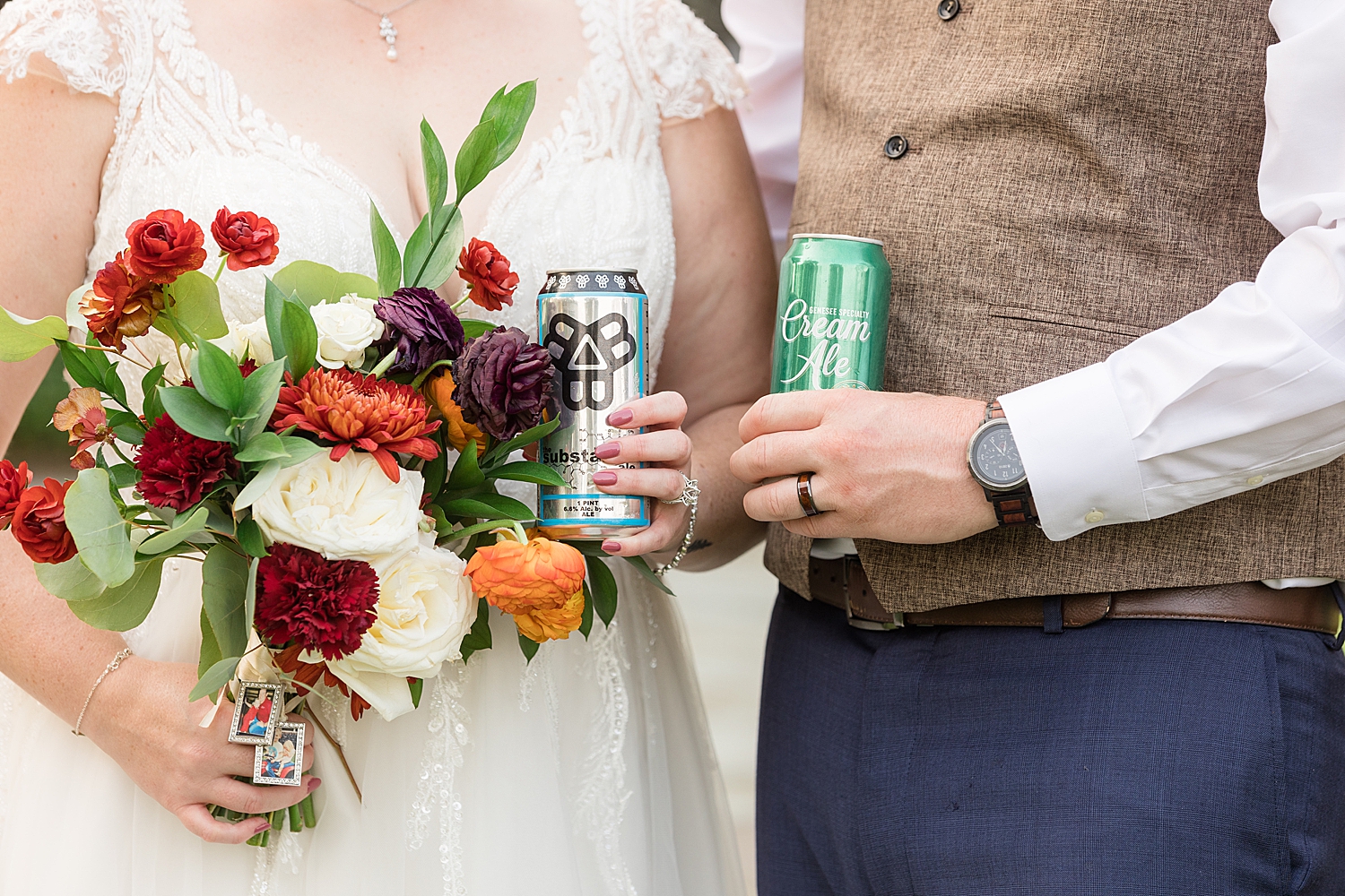 bride and groom with beers