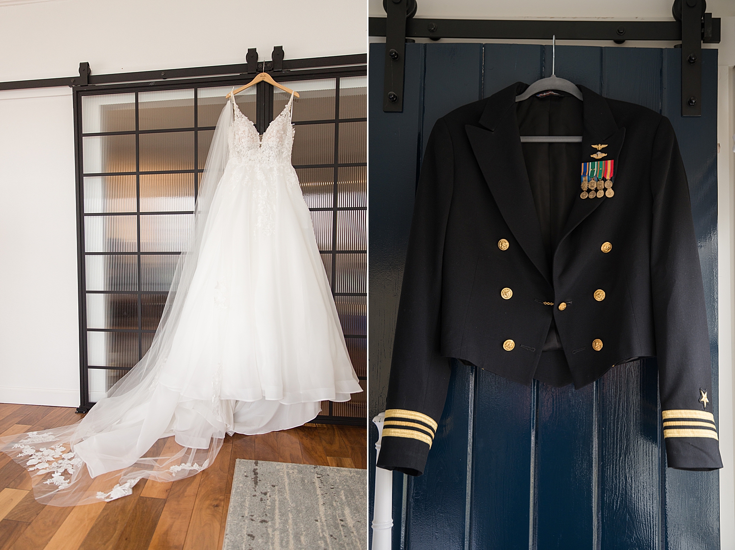 bridal gown and groom's jacket hanging