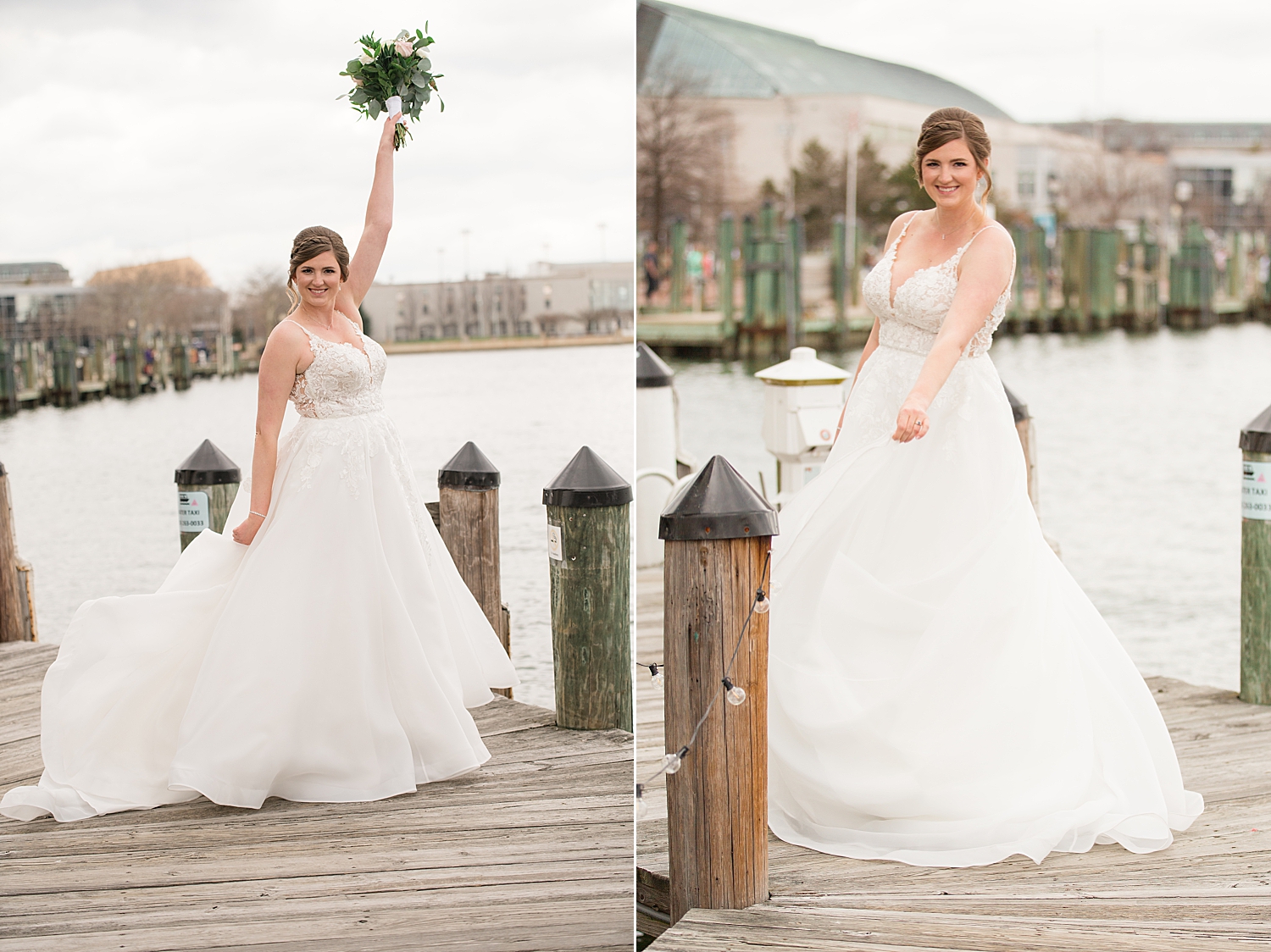 bride cheering with bouquet on docks