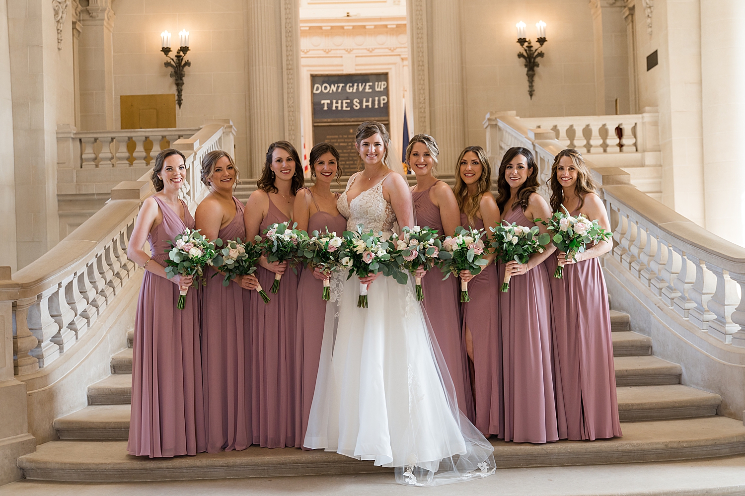 bride and bridesmaids on bancroft hall stairs