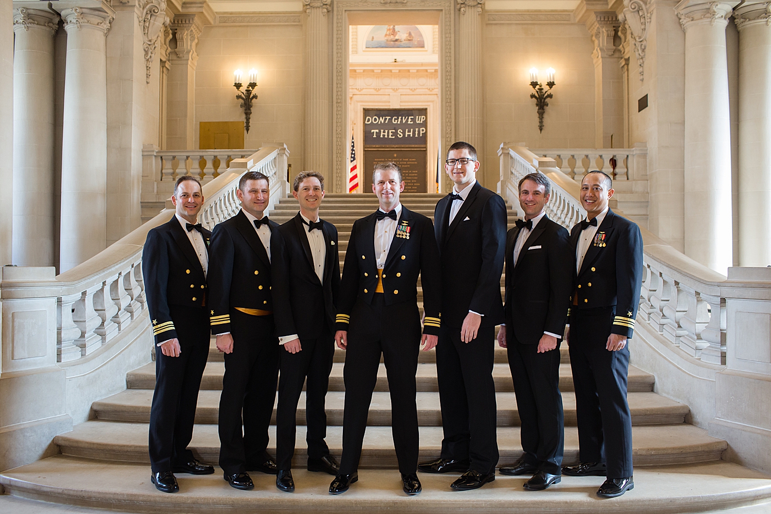 groom and groomsmen on bancroft hall stairs