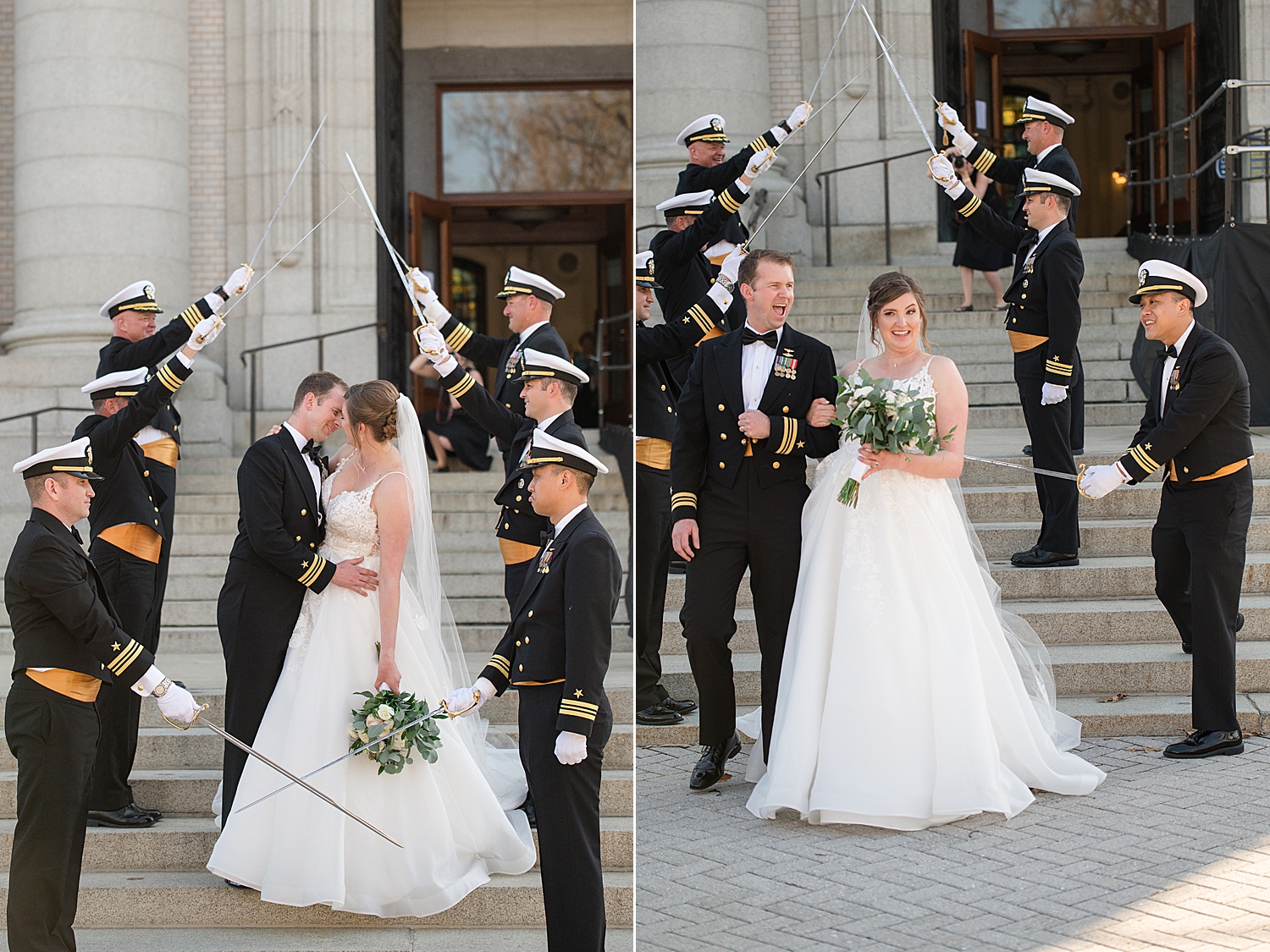 bride and groom exit chapel sword arch