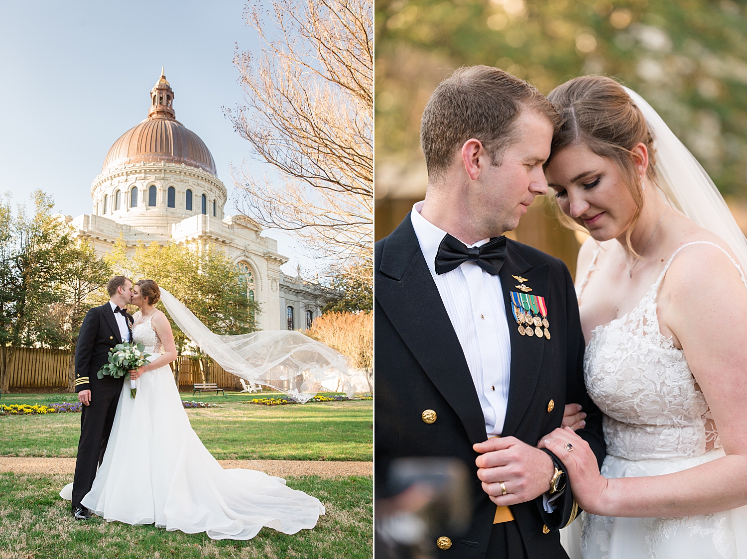 couple portrait in usna garden usna chapel copper dome in background