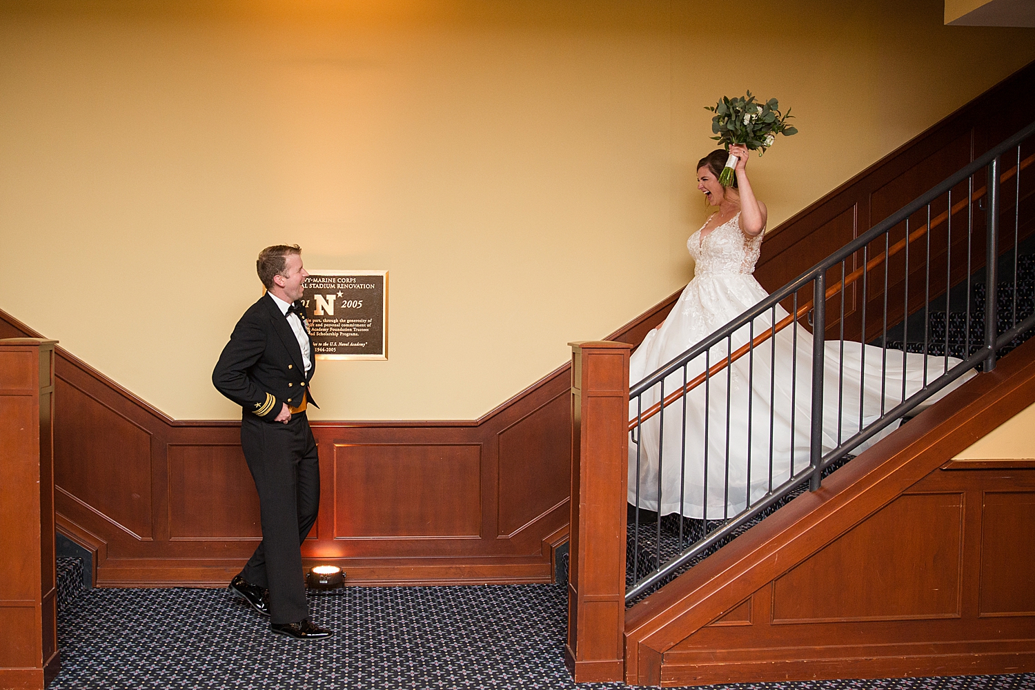 bride and groom preparing to enter reception