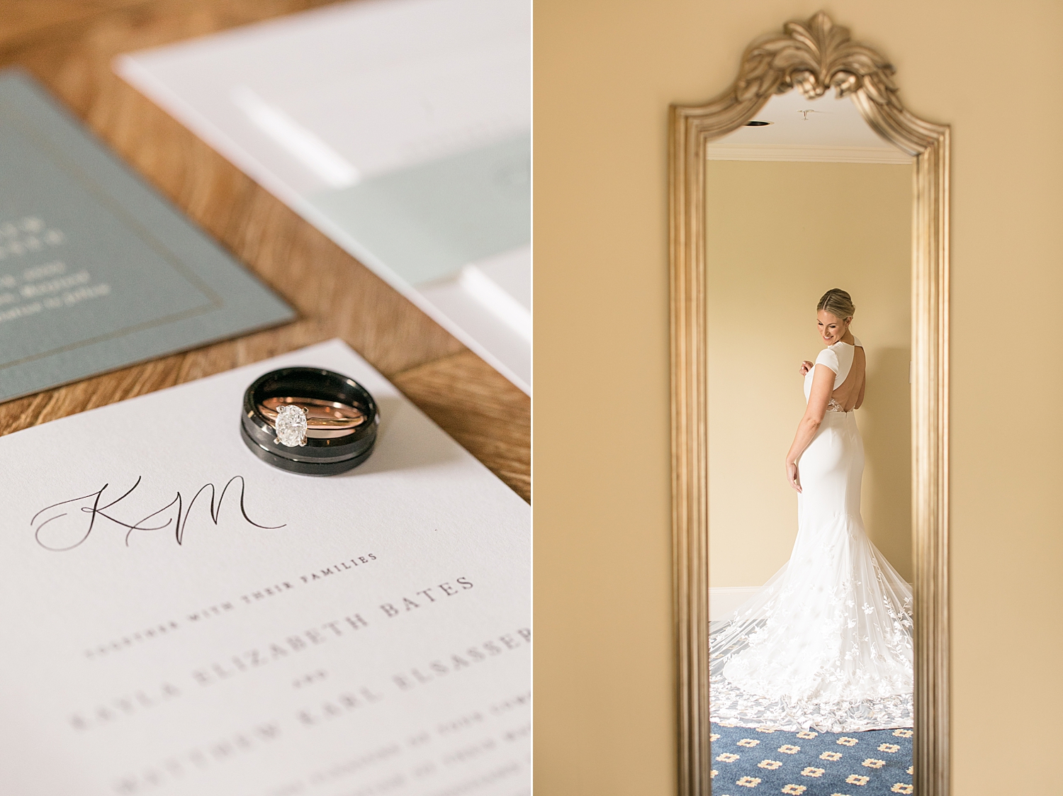 wedding ring details on invitation, bride in gown in mirror