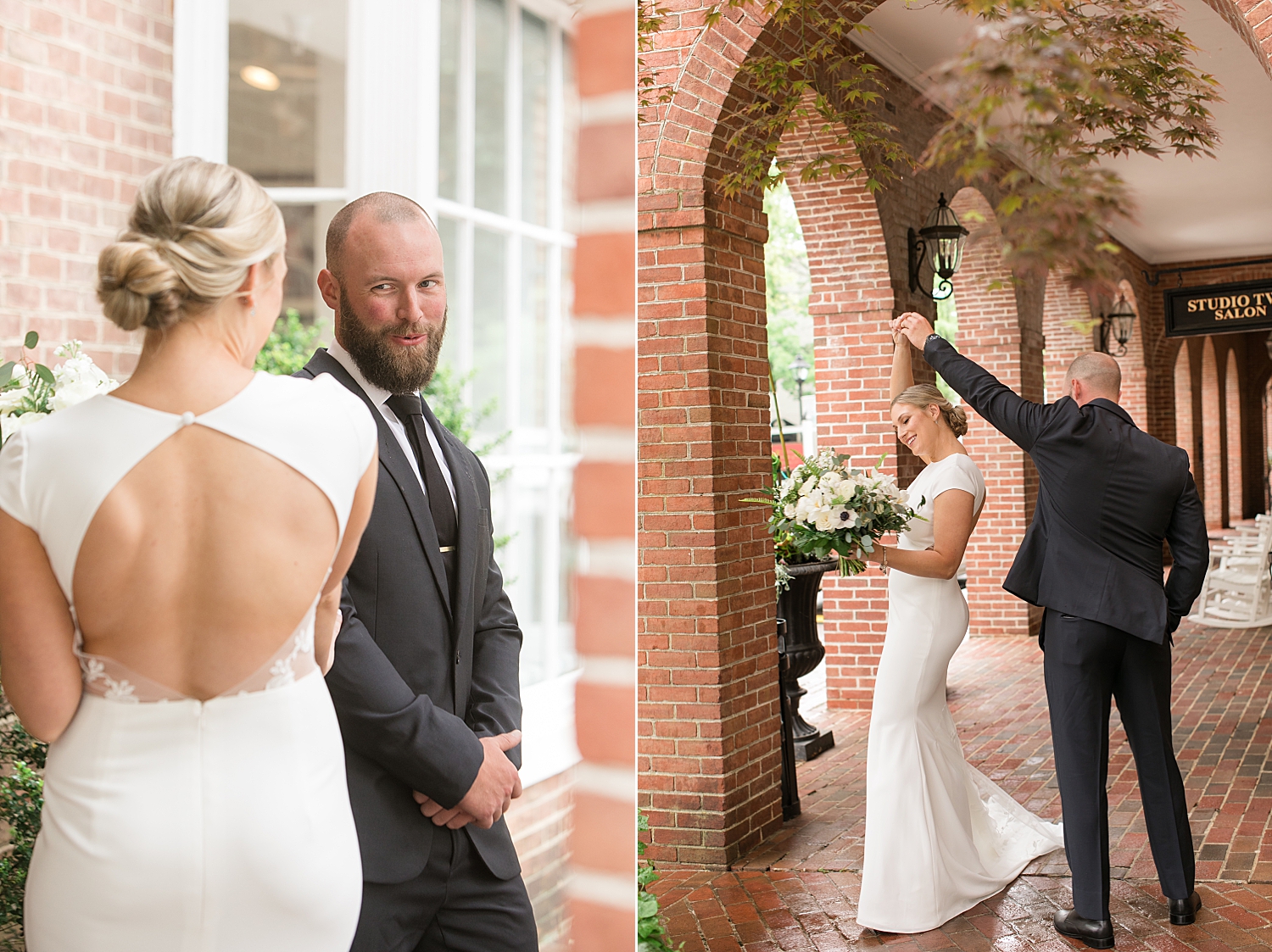 bride and groom first look, spin