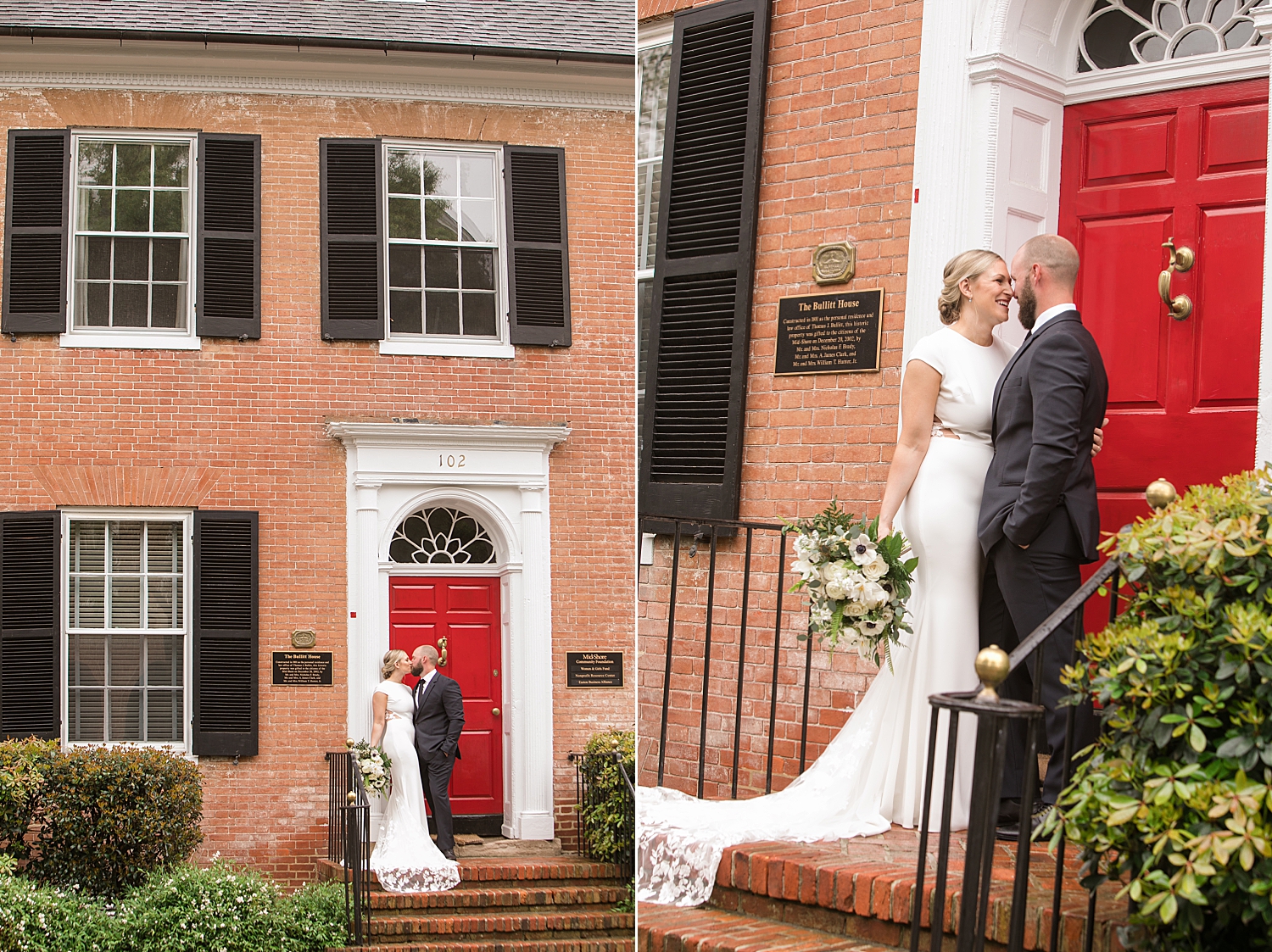 bride and groom in front of brick building with red door