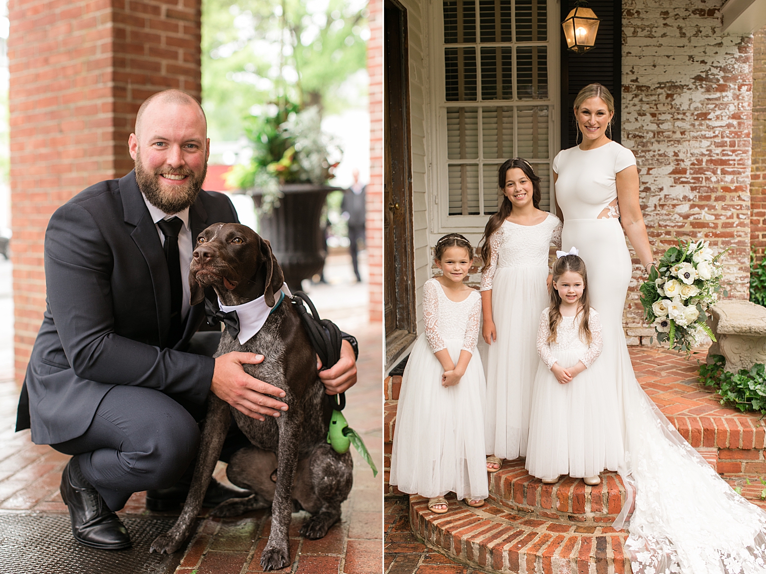 groom with dog, bride with flower girls