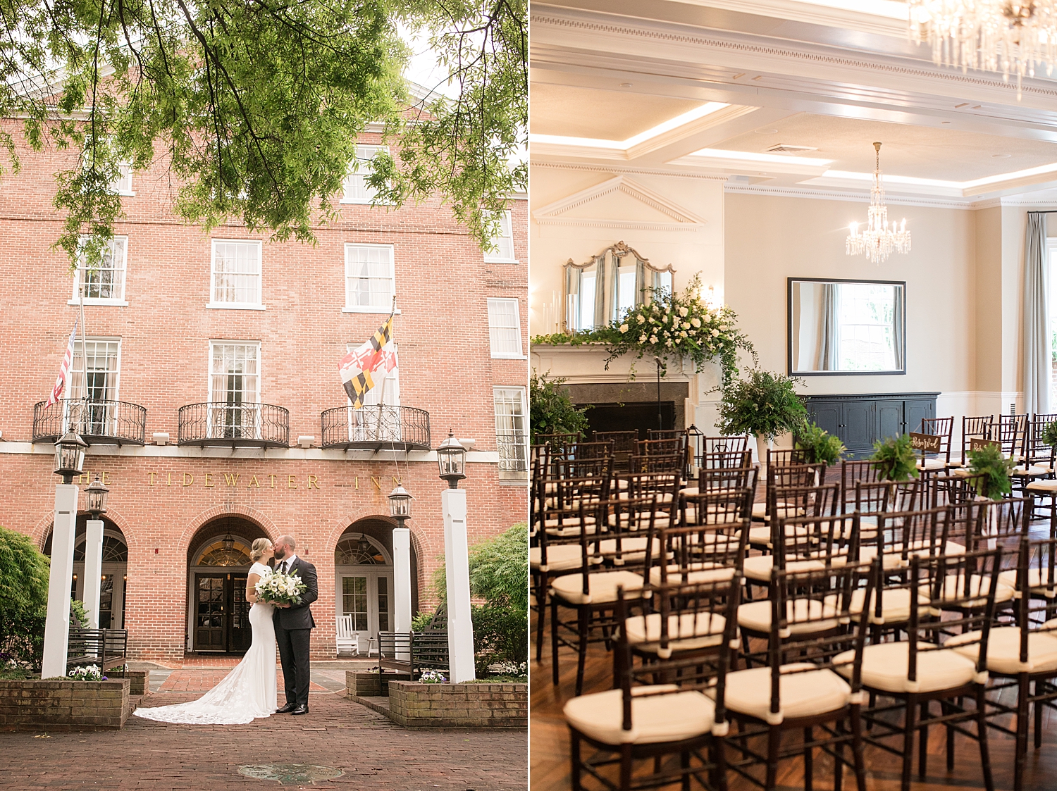 bride and groom kiss in front of tidewater inn brick; ceremony chairs