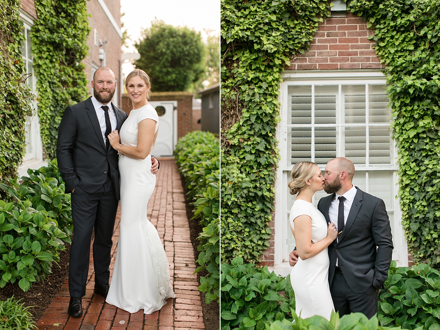 bride and groom embrace in front of brick wall covered in ivy