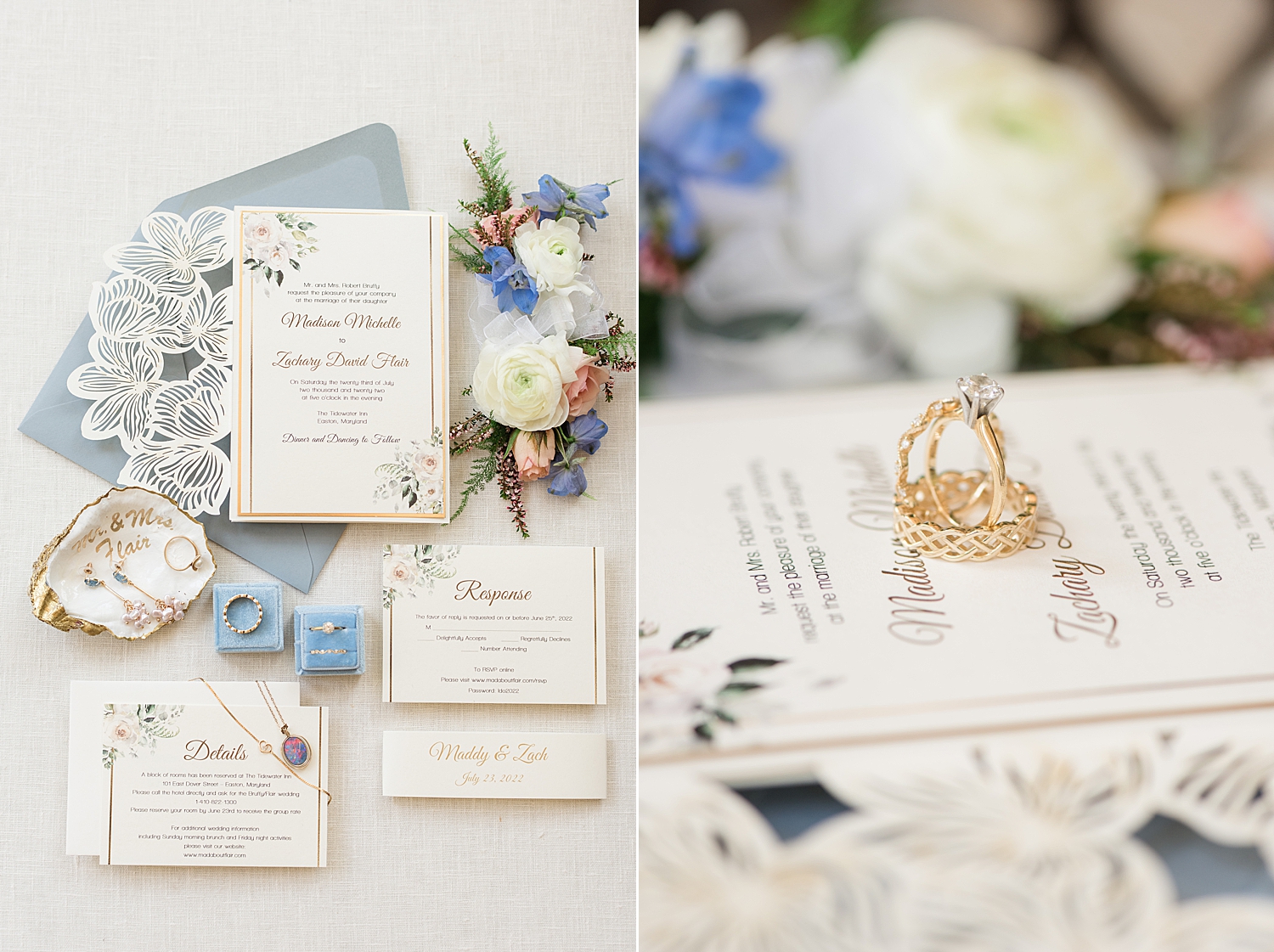 wedding flat lay white and blue, rings, florals