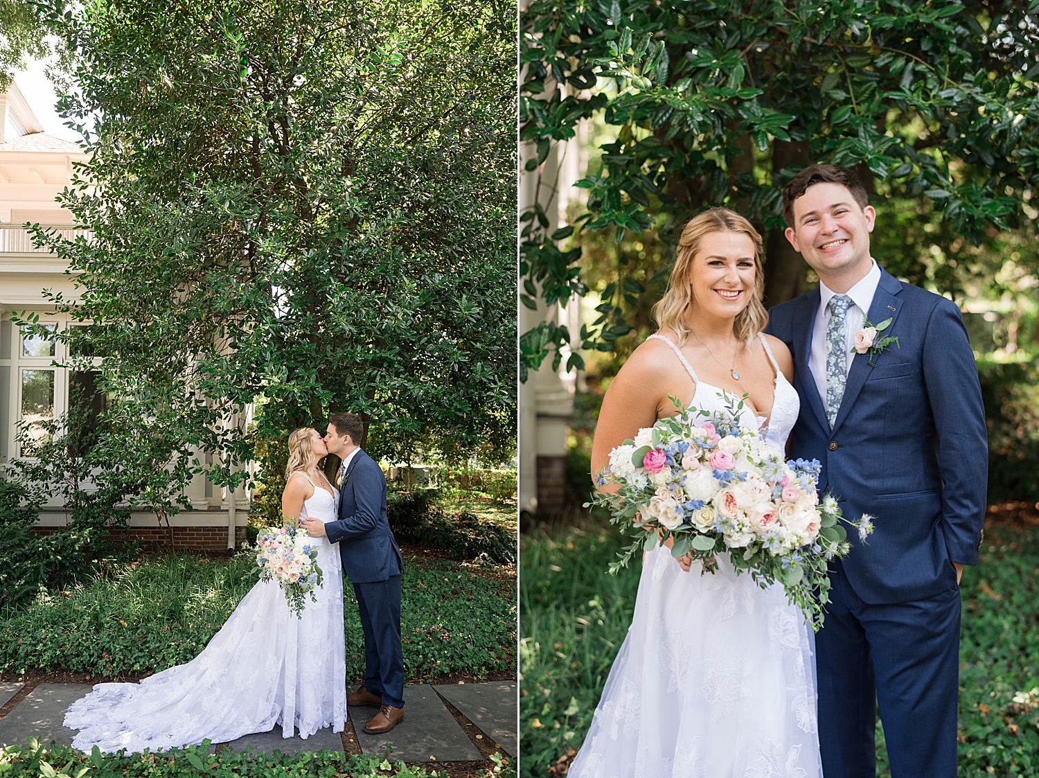 summer couple portrait in front of greenery