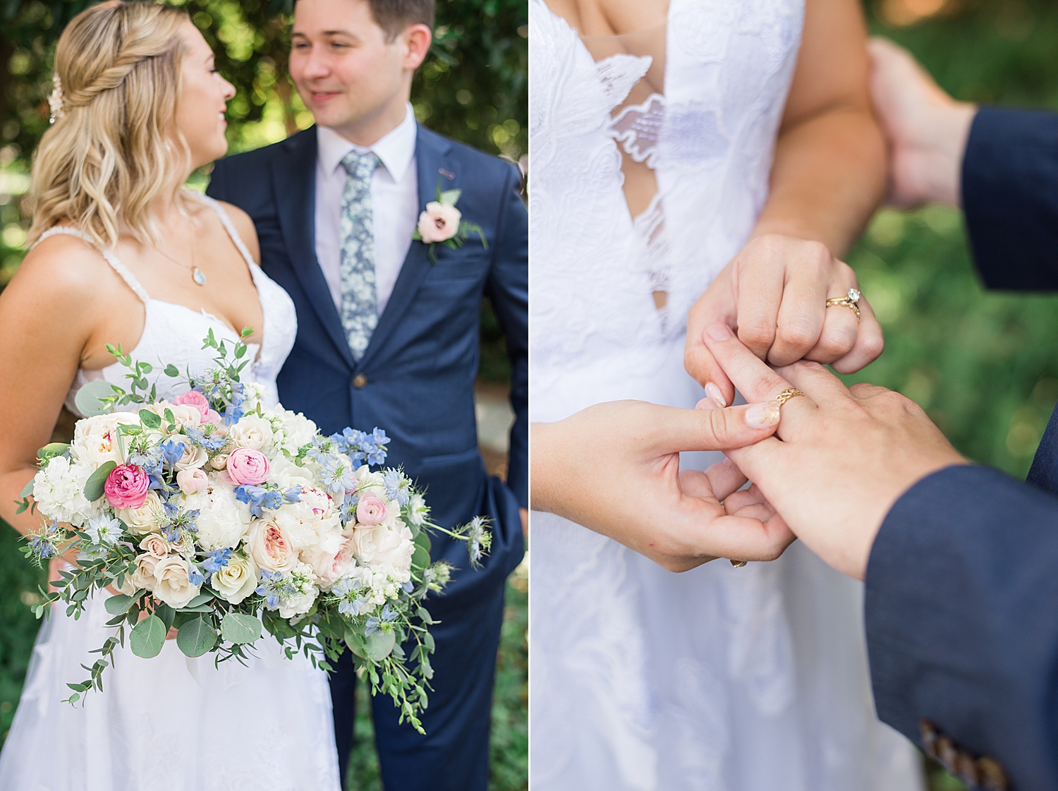 summer couple portrait in front of greenery pink and blue bouquet