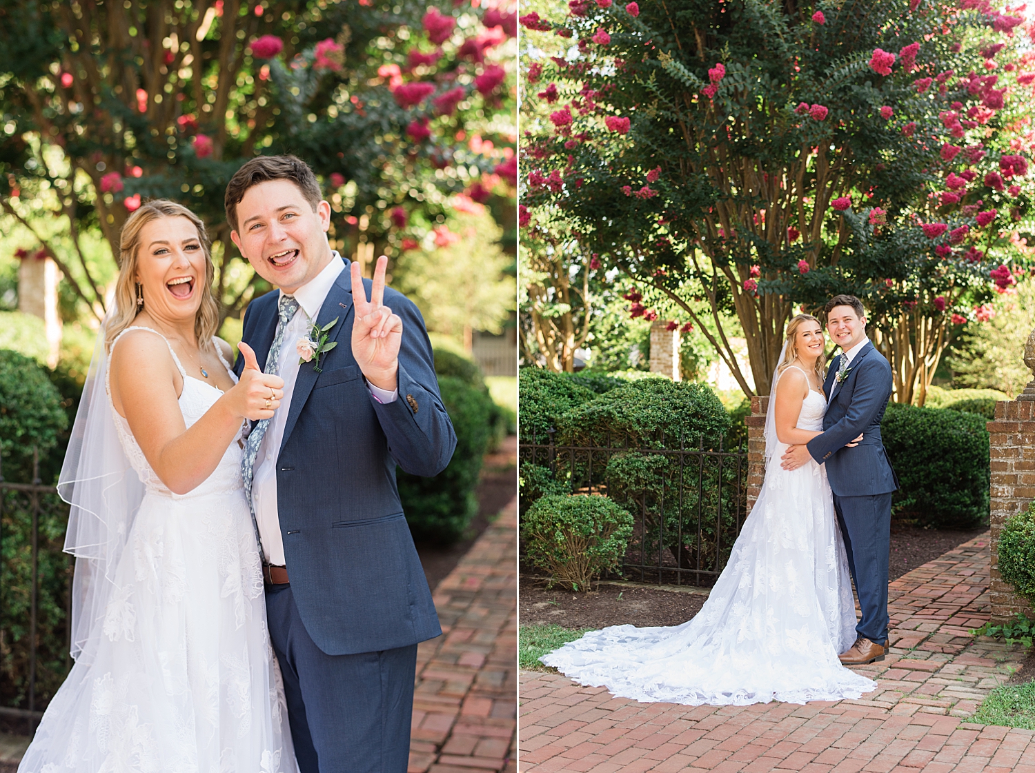 bride and groom portrait in front of blooming pink tree