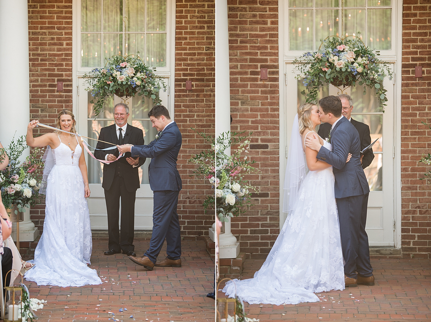 bride and groom tie the knot, first kiss