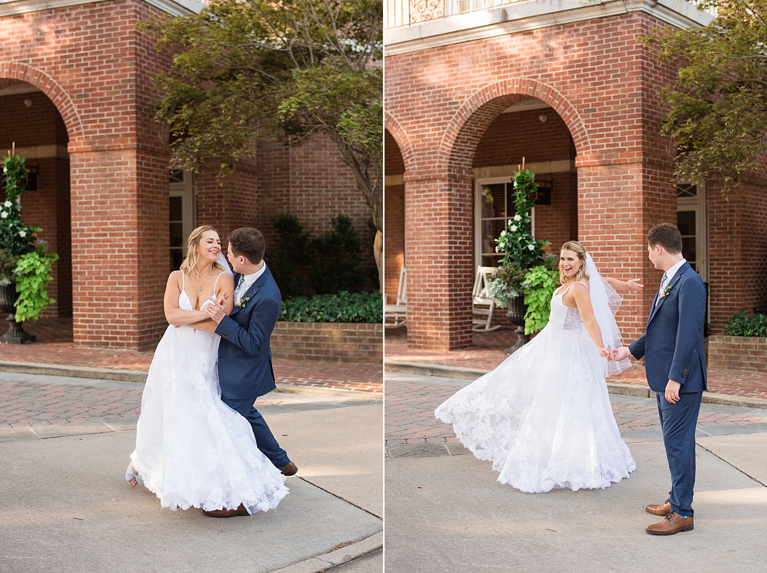 bride and groom portrait in front of brick arches